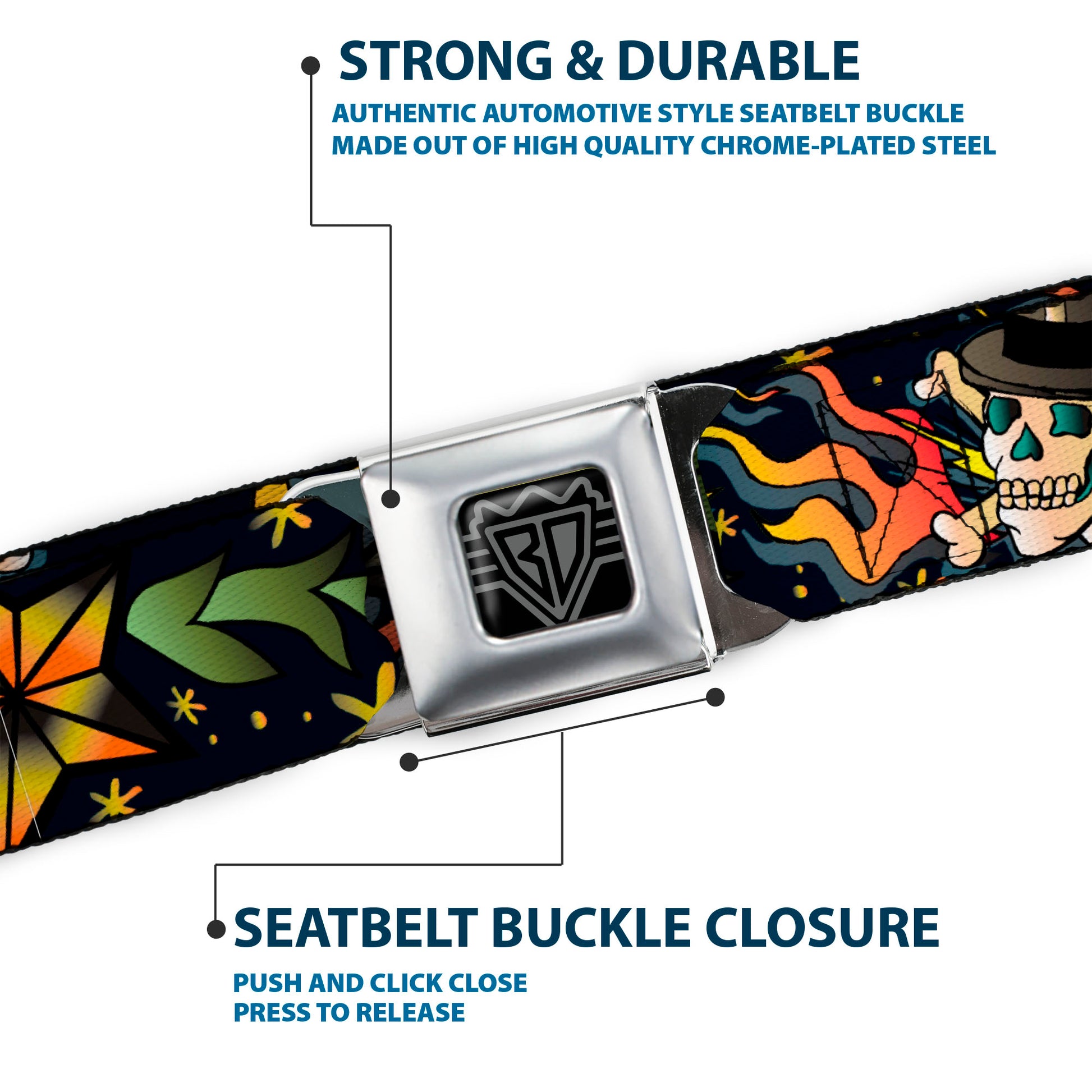 BD Wings Logo CLOSE-UP Full Color Black Silver Seatbelt Belt - Death or Glory Black Webbing Seatbelt Belts Buckle-Down