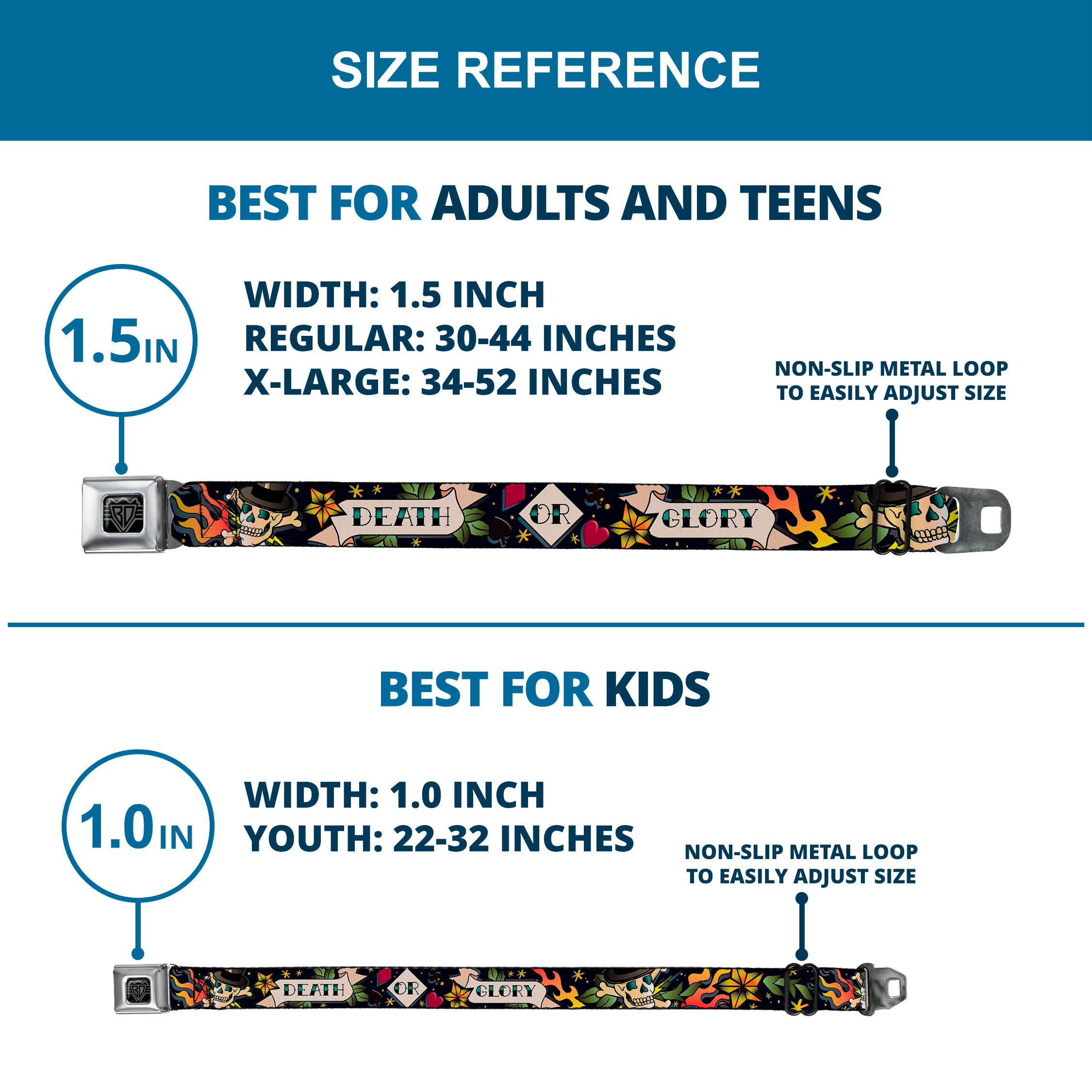 BD Wings Logo CLOSE-UP Full Color Black Silver Seatbelt Belt - Death or Glory Black Webbing Seatbelt Belts Buckle-Down