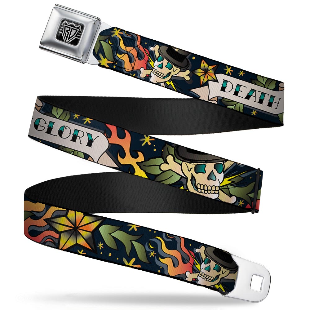 BD Wings Logo CLOSE-UP Full Color Black Silver Seatbelt Belt - Death or Glory Black Webbing Seatbelt Belts Buckle-Down