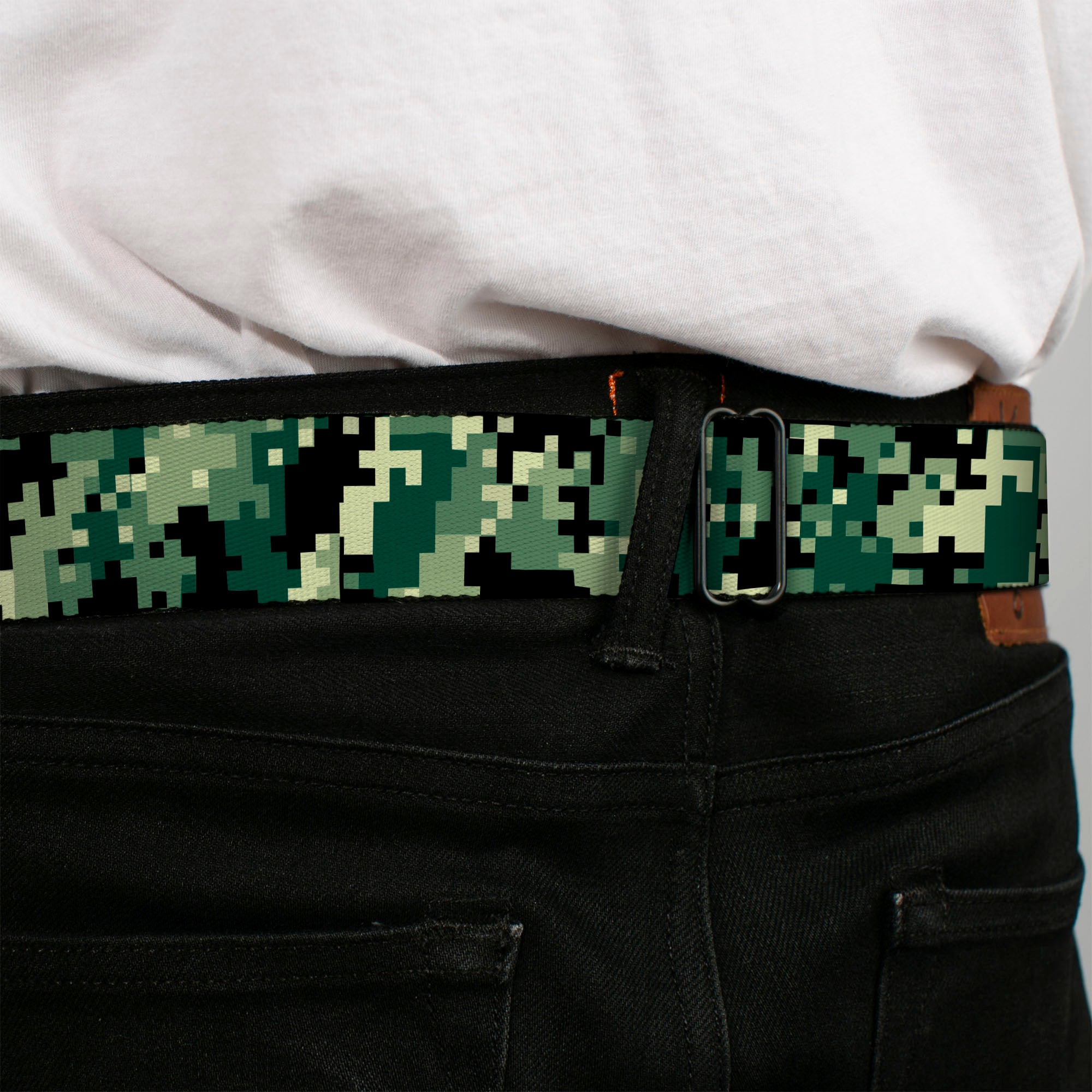 BD Wings Logo CLOSE-UP Full Color Black Silver Seatbelt Belt - Digital Camo Webbing Seatbelt Belts Buckle-Down