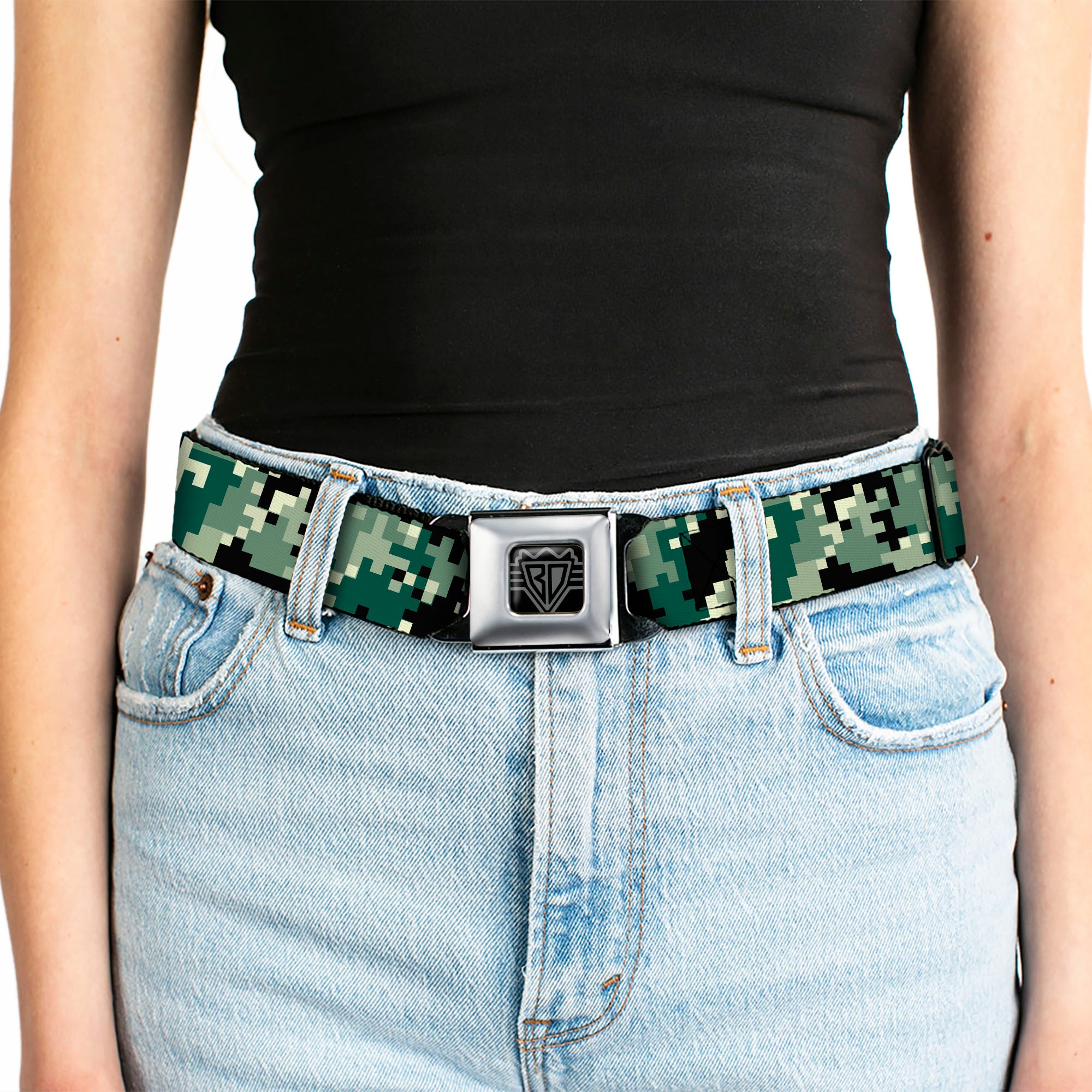 BD Wings Logo CLOSE-UP Full Color Black Silver Seatbelt Belt - Digital Camo Webbing Seatbelt Belts Buckle-Down