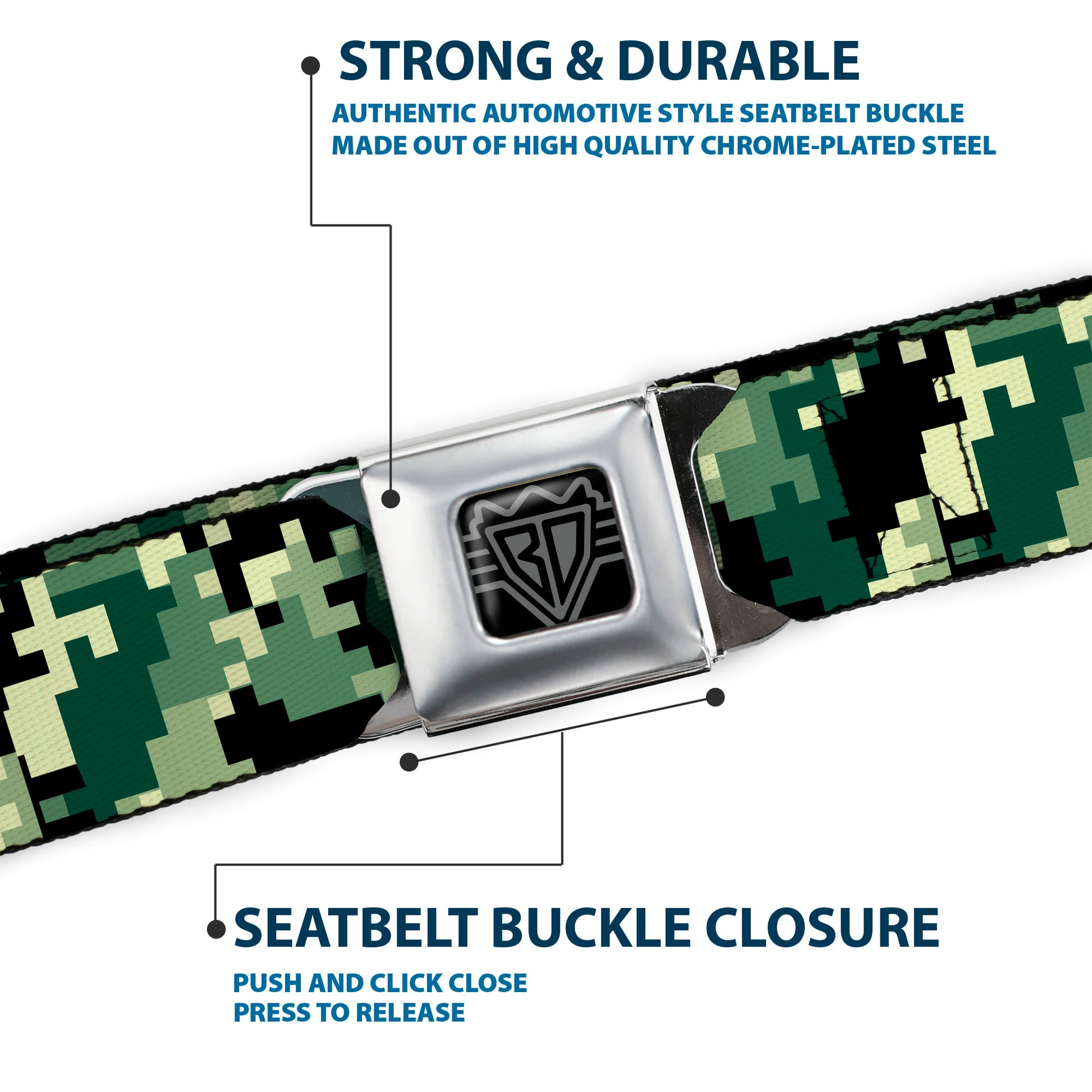 BD Wings Logo CLOSE-UP Full Color Black Silver Seatbelt Belt - Digital Camo Webbing Seatbelt Belts Buckle-Down