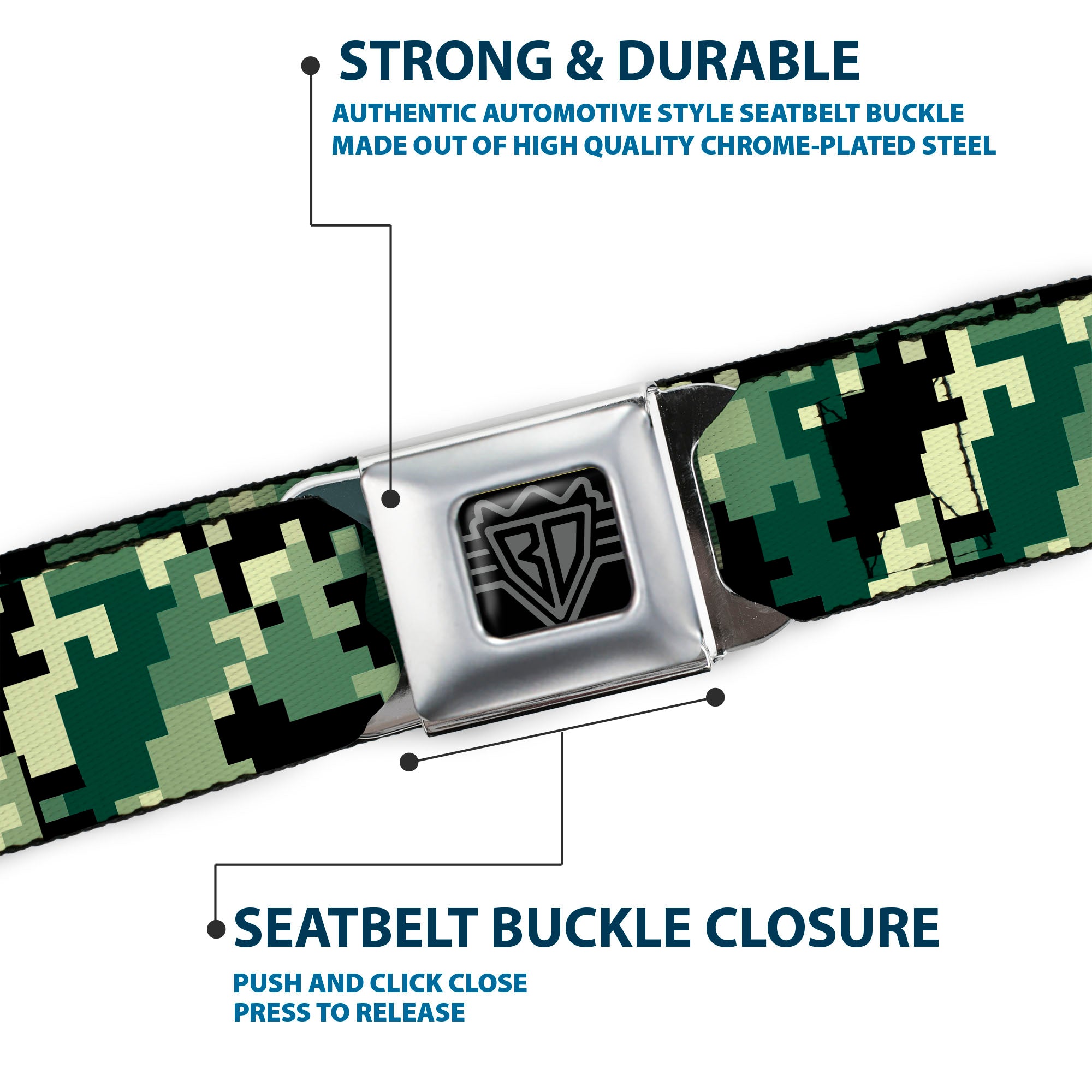 BD Wings Logo CLOSE-UP Full Color Black Silver Seatbelt Belt - Digital Camo Webbing Seatbelt Belts Buckle-Down