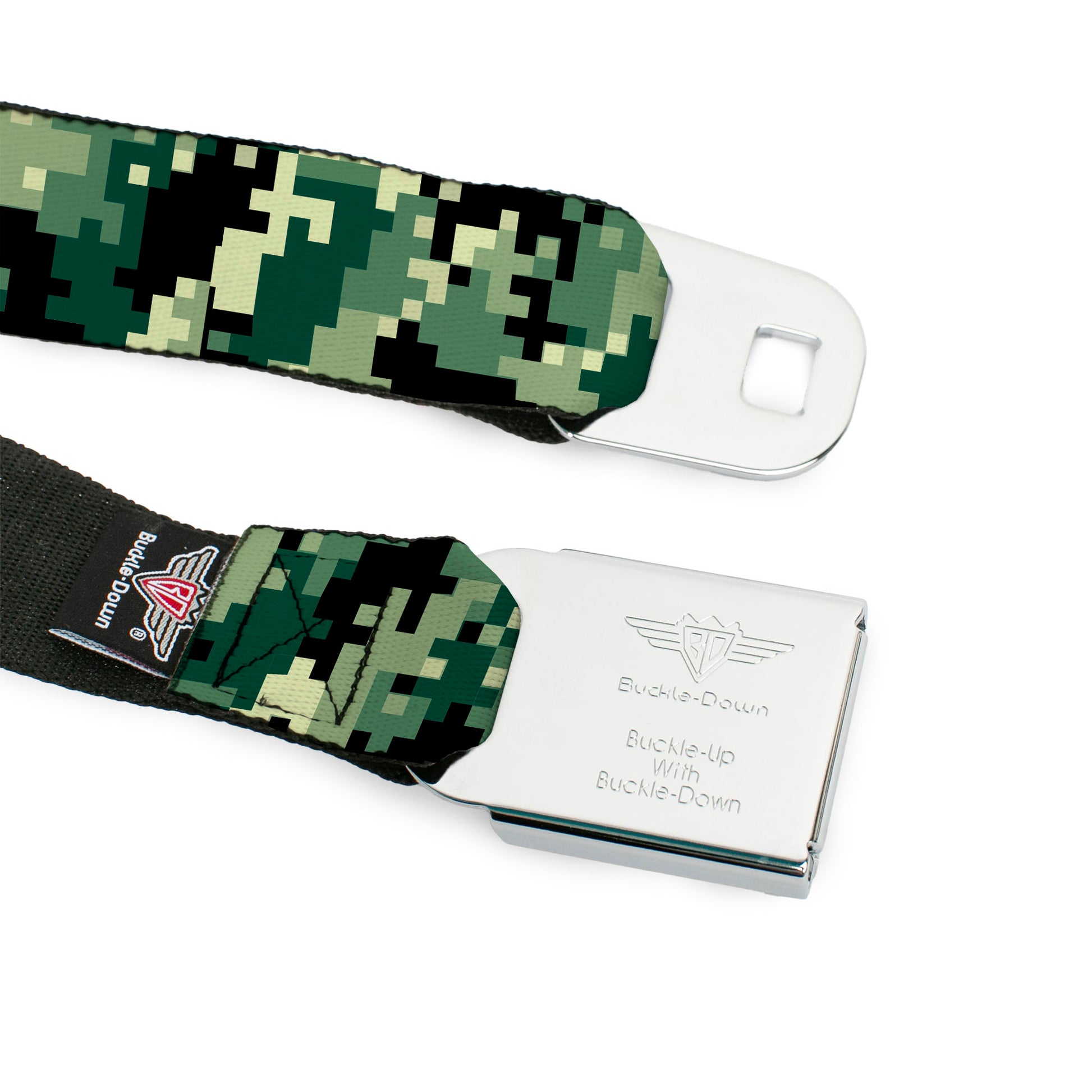 BD Wings Logo CLOSE-UP Full Color Black Silver Seatbelt Belt - Digital Camo Webbing Seatbelt Belts Buckle-Down