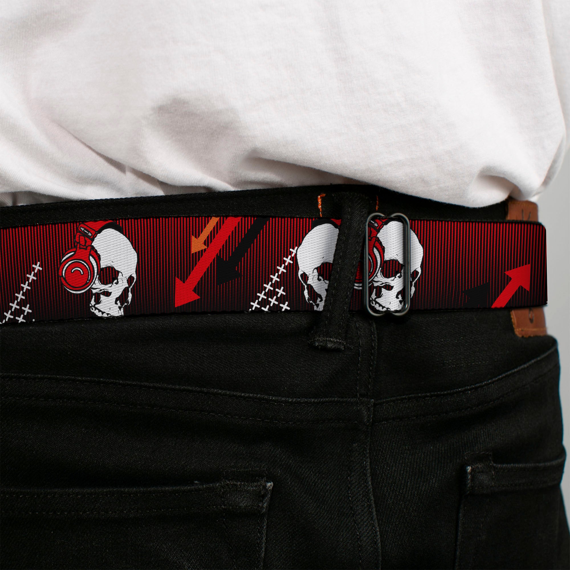 BD Wings Logo CLOSE-UP Black/Silver Seatbelt Belt - DJ Skulls Up/Down Black/Red Webbing Seatbelt Belts Buckle-Down