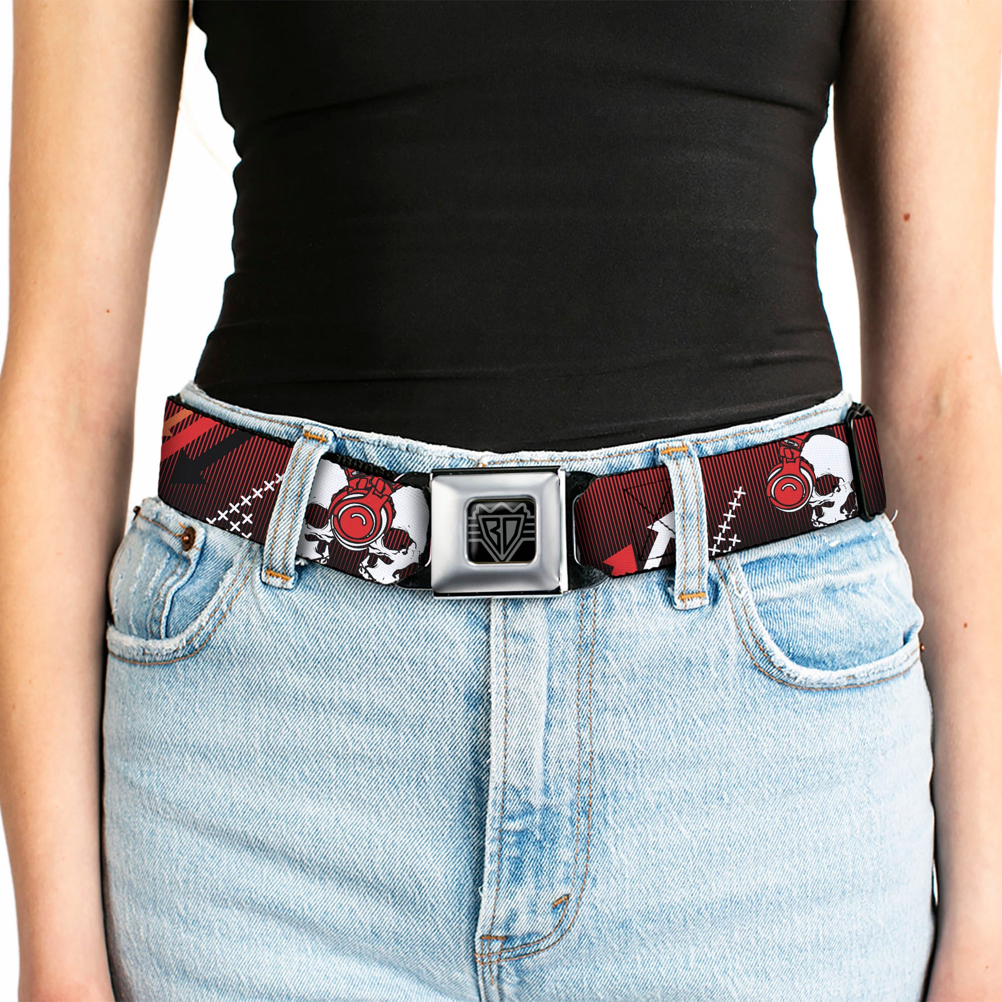 BD Wings Logo CLOSE-UP Black/Silver Seatbelt Belt - DJ Skulls Up/Down Black/Red Webbing Seatbelt Belts Buckle-Down