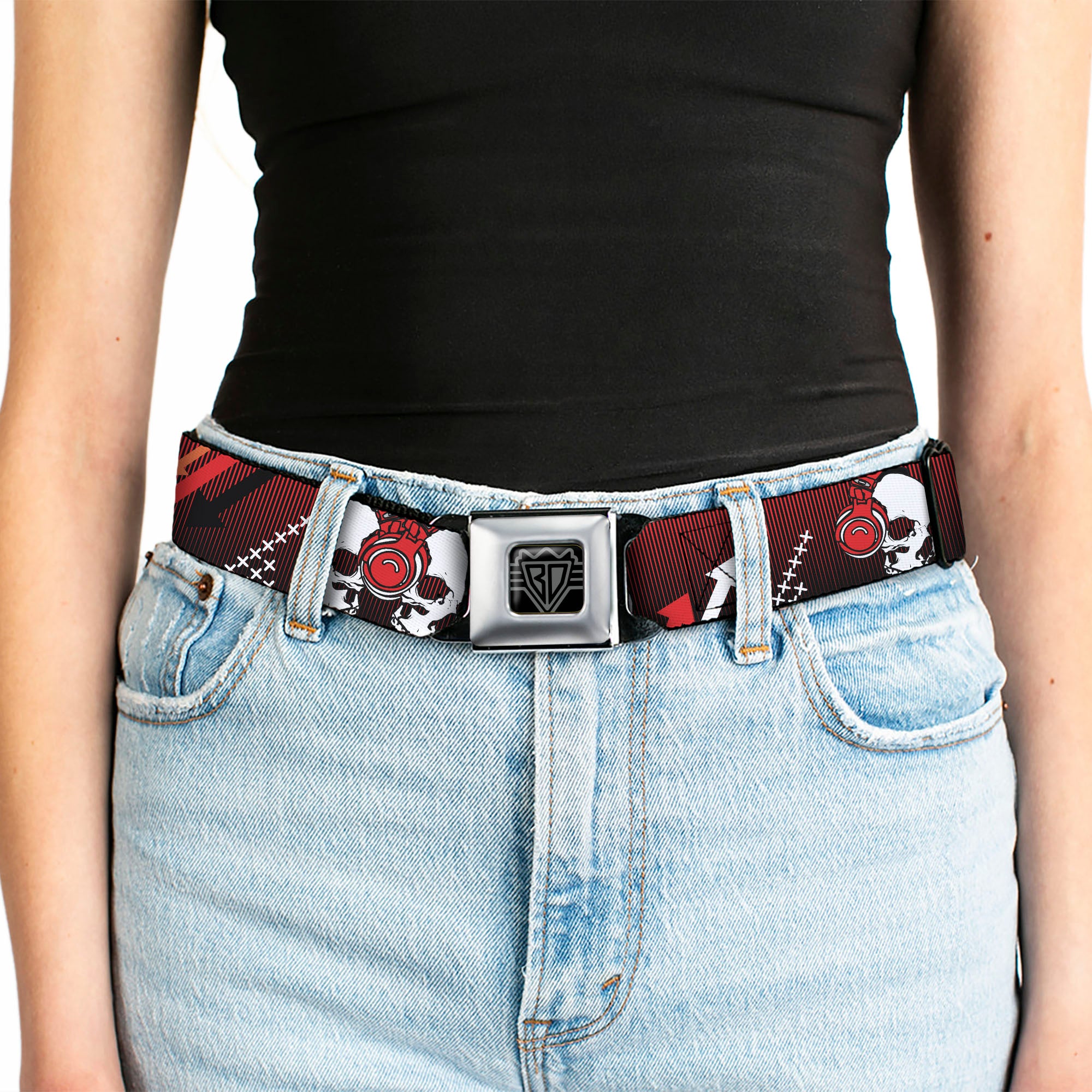 BD Wings Logo CLOSE-UP Black/Silver Seatbelt Belt - DJ Skulls Up/Down Black/Red Webbing Seatbelt Belts Buckle-Down