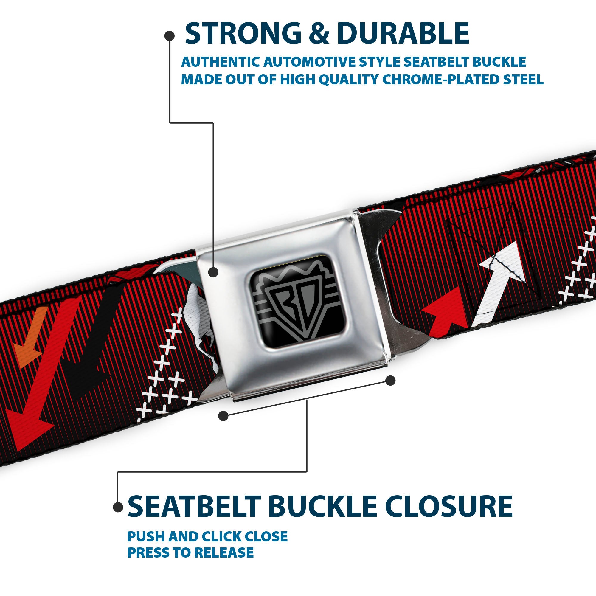 BD Wings Logo CLOSE-UP Black/Silver Seatbelt Belt - DJ Skulls Up/Down Black/Red Webbing Seatbelt Belts Buckle-Down