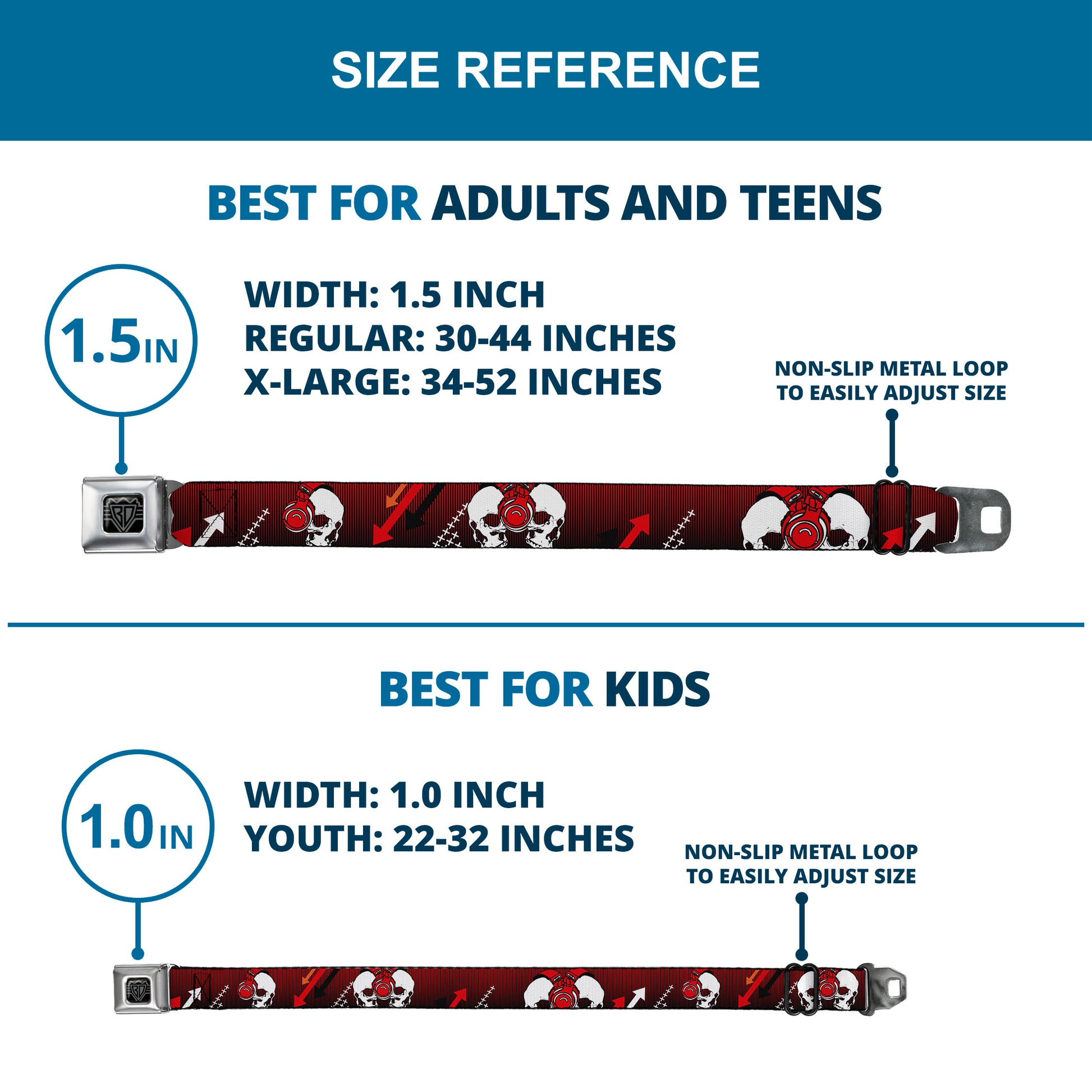 BD Wings Logo CLOSE-UP Black/Silver Seatbelt Belt - DJ Skulls Up/Down Black/Red Webbing Seatbelt Belts Buckle-Down