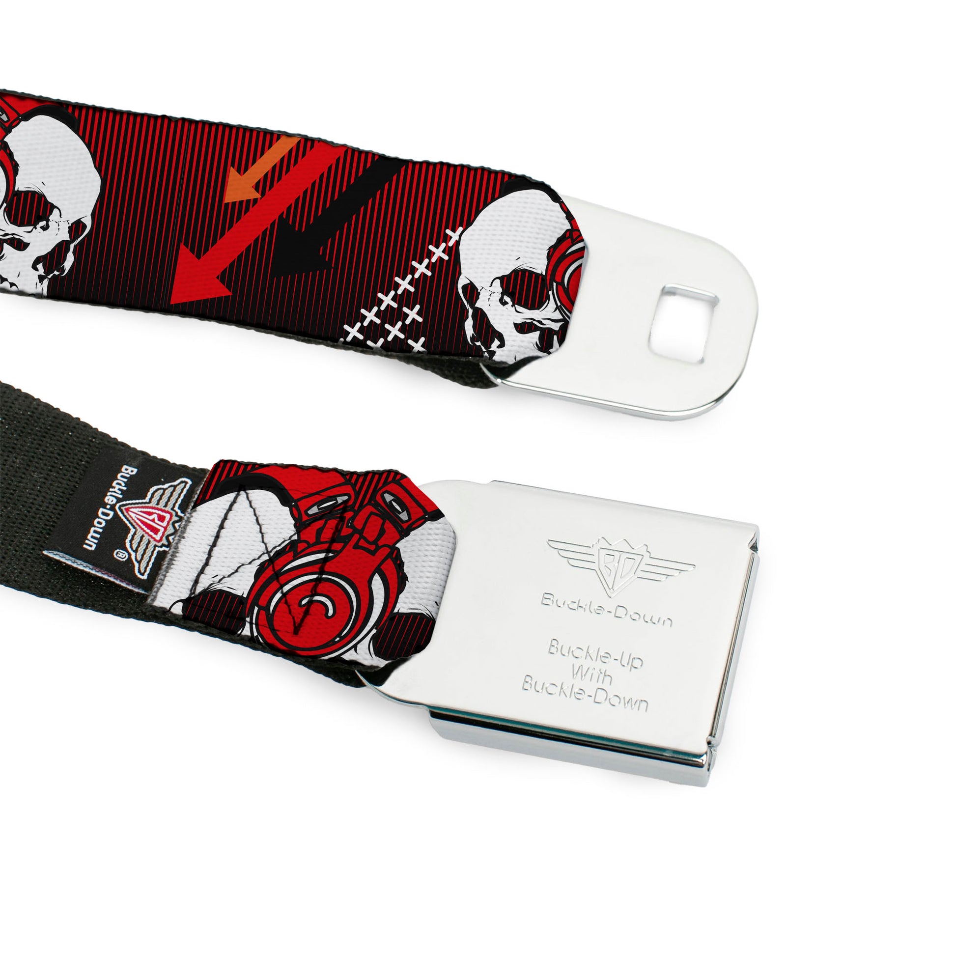 BD Wings Logo CLOSE-UP Black/Silver Seatbelt Belt - DJ Skulls Up/Down Black/Red Webbing Seatbelt Belts Buckle-Down