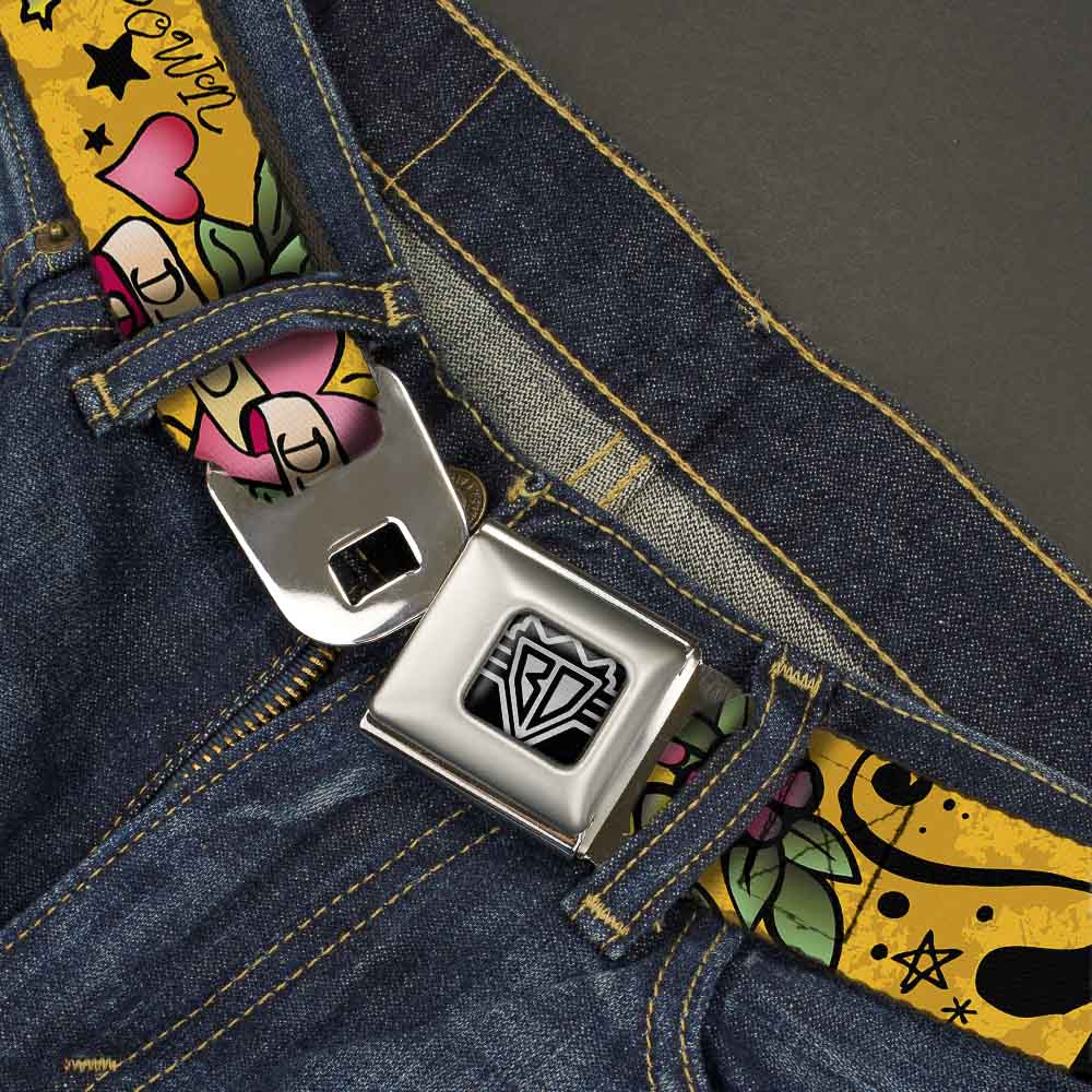BD Wings Logo CLOSE-UP Full Color Black Silver Seatbelt Belt - Dad & Dad Yellow Webbing Seatbelt Belts Buckle-Down