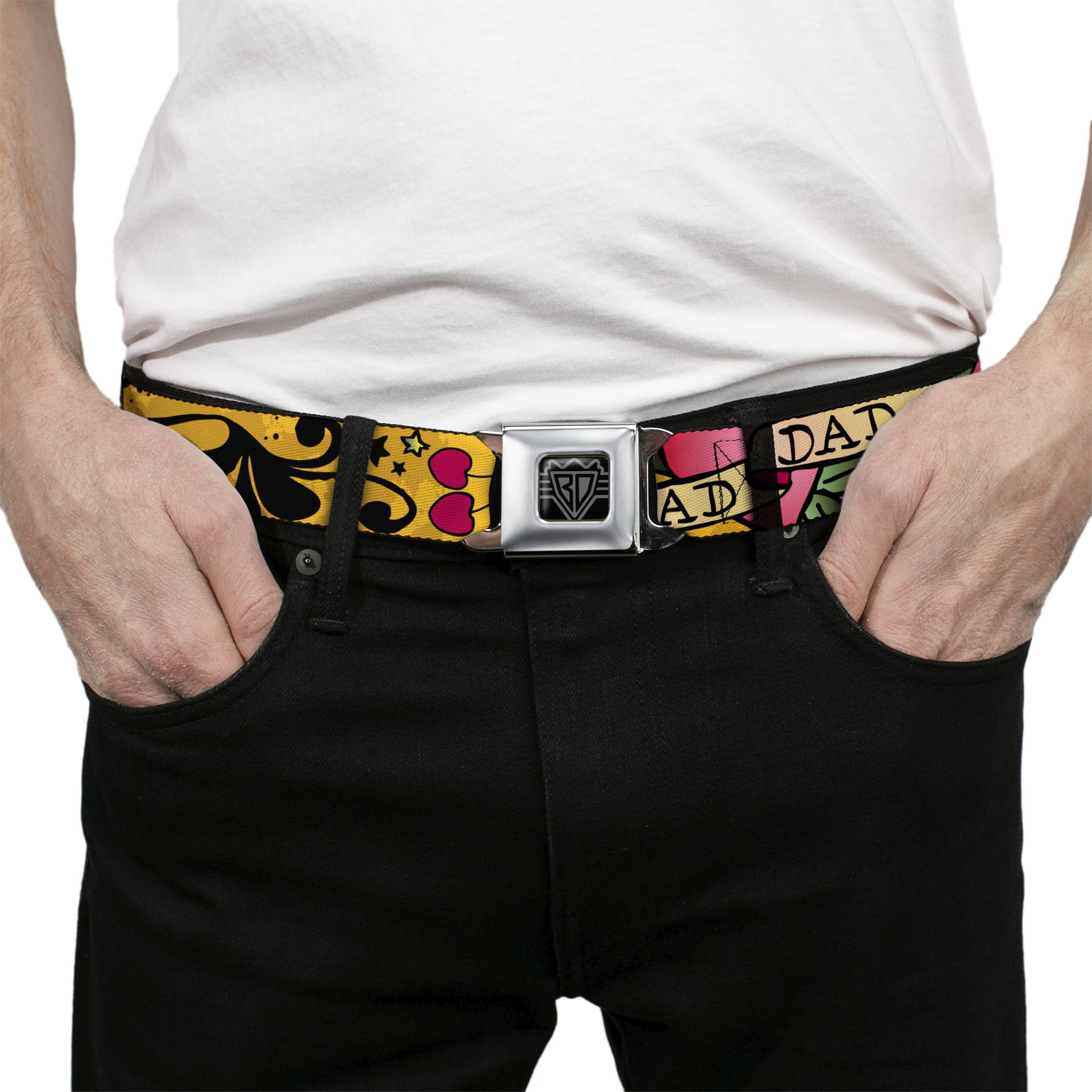 BD Wings Logo CLOSE-UP Full Color Black Silver Seatbelt Belt - Dad & Dad Yellow Webbing Seatbelt Belts Buckle-Down