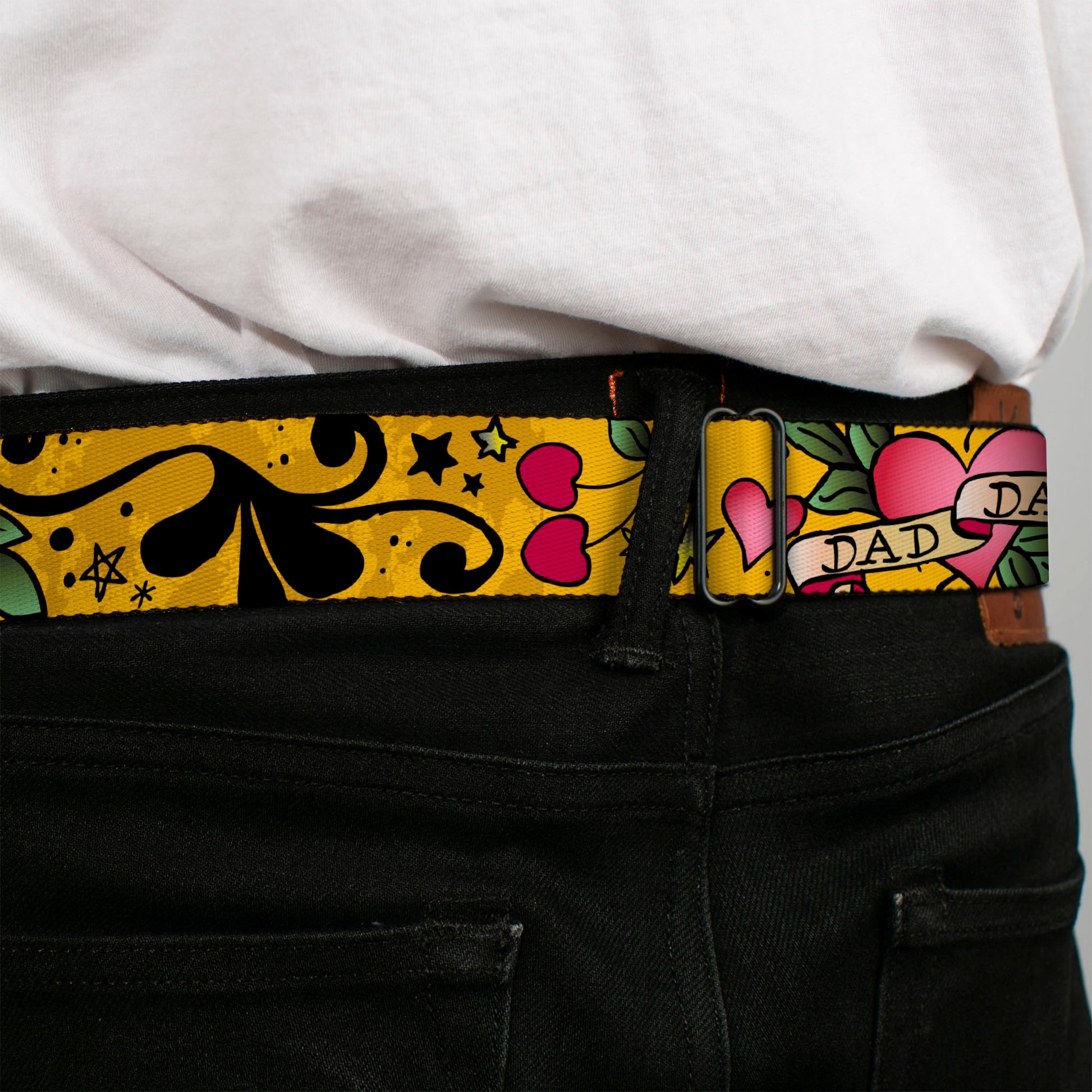 BD Wings Logo CLOSE-UP Full Color Black Silver Seatbelt Belt - Dad & Dad Yellow Webbing Seatbelt Belts Buckle-Down