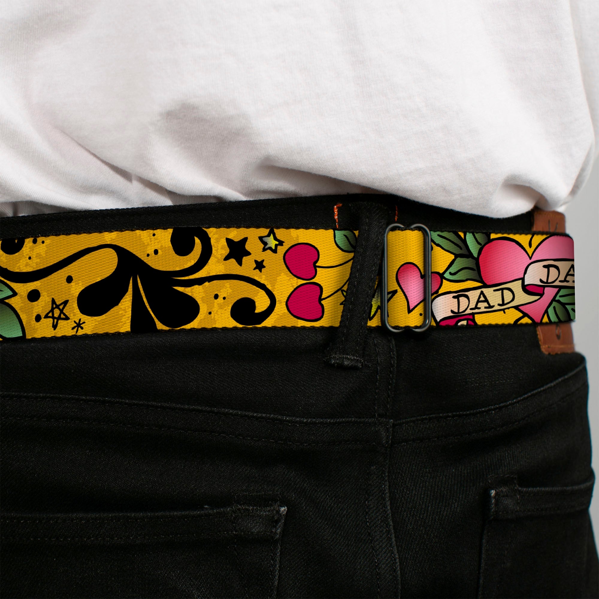 BD Wings Logo CLOSE-UP Full Color Black Silver Seatbelt Belt - Dad & Dad Yellow Webbing Seatbelt Belts Buckle-Down