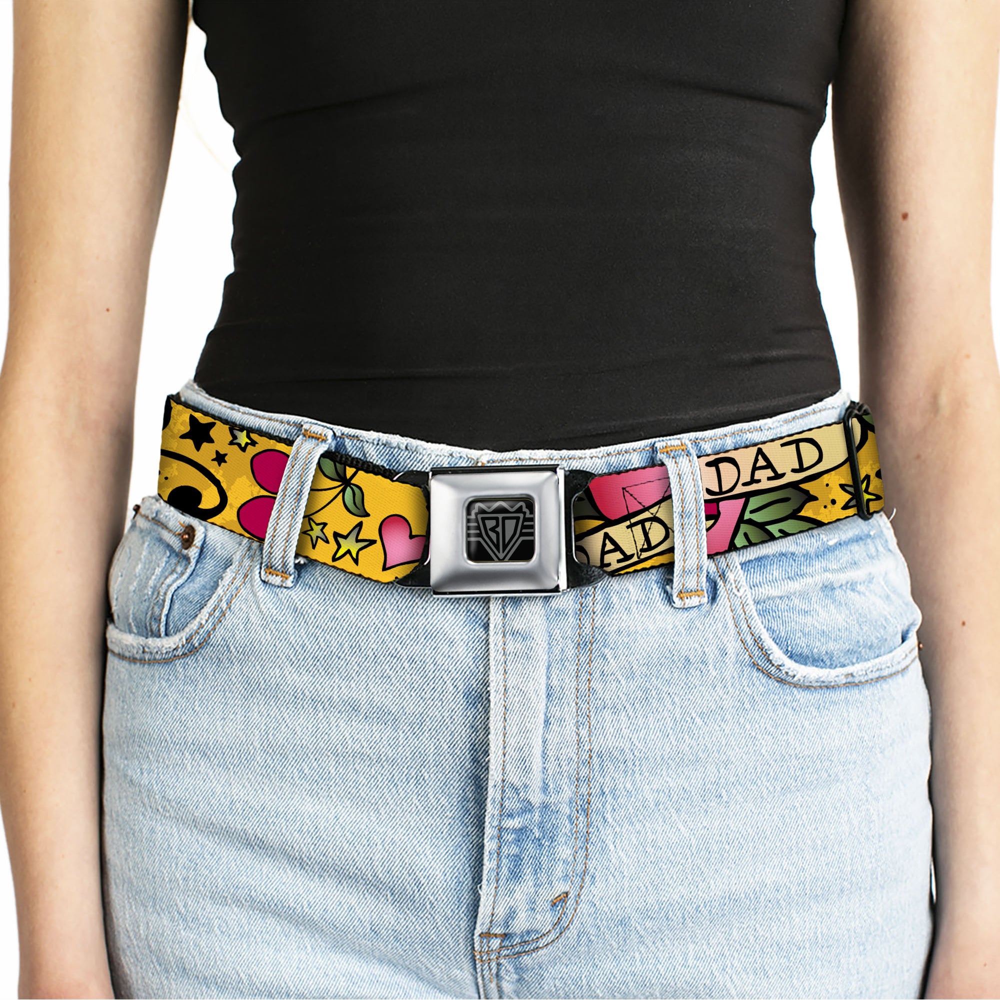 BD Wings Logo CLOSE-UP Full Color Black Silver Seatbelt Belt - Dad & Dad Yellow Webbing Seatbelt Belts Buckle-Down