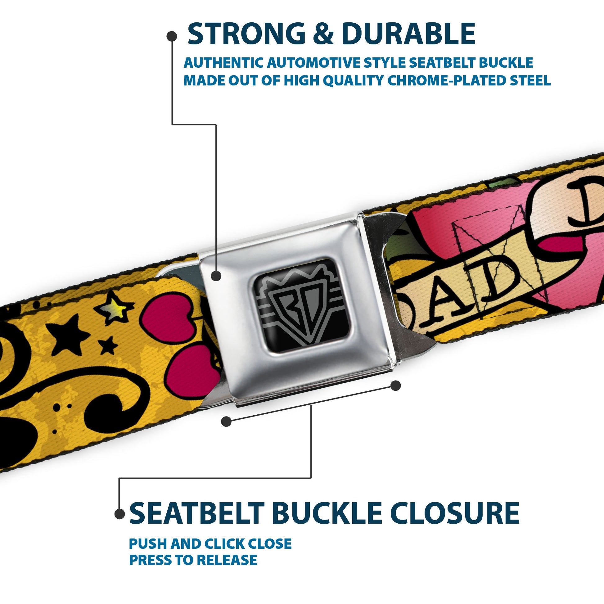BD Wings Logo CLOSE-UP Full Color Black Silver Seatbelt Belt - Dad & Dad Yellow Webbing Seatbelt Belts Buckle-Down