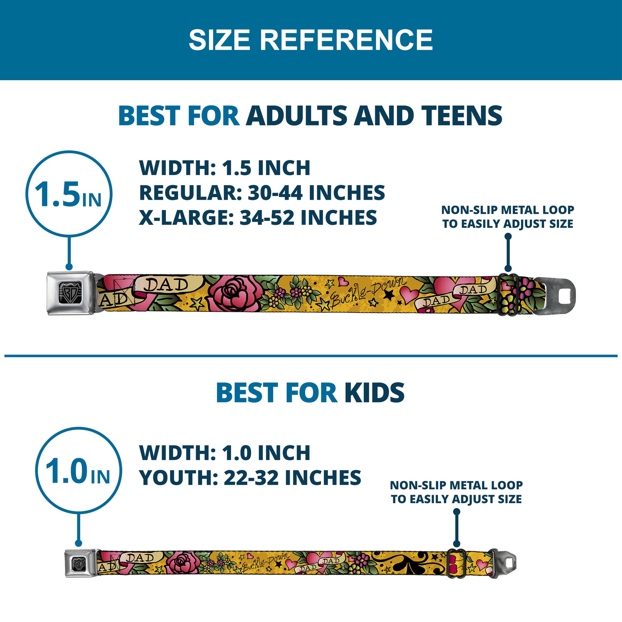 BD Wings Logo CLOSE-UP Full Color Black Silver Seatbelt Belt - Dad & Dad Yellow Webbing Seatbelt Belts Buckle-Down