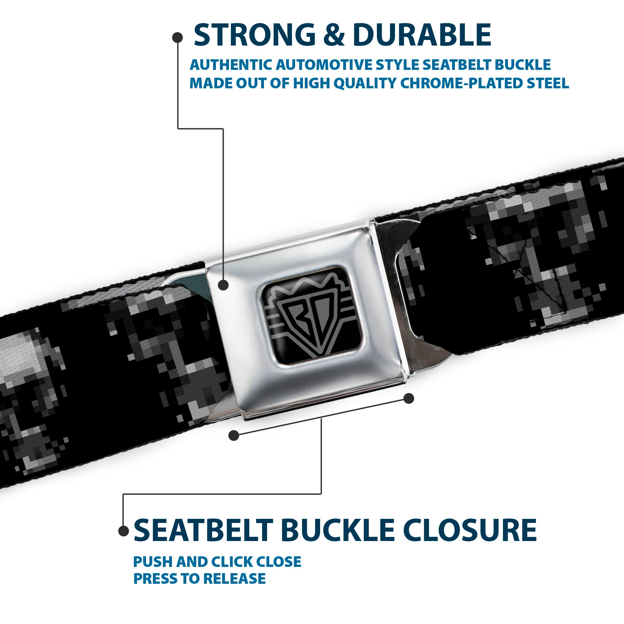 BD Wings Logo CLOSE-UP Full Color Black Silver Seatbelt Belt - Dark Knight Webbing Seatbelt Belts Buckle-Down