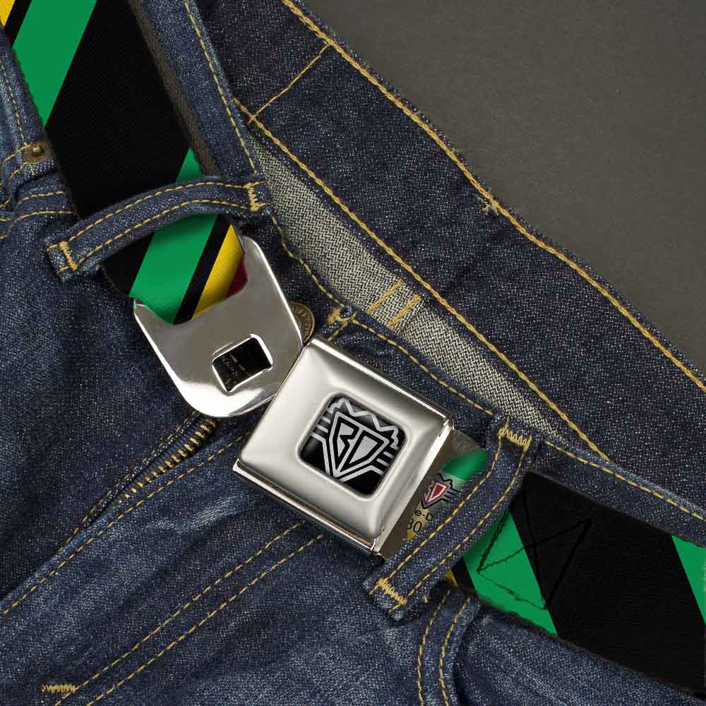 BD Wings Logo CLOSE-UP Full Color Black Silver Seatbelt Belt - Diagonal Stripes Black/Green/Yellow/Red Webbing Seatbelt Belts Buckle-Down