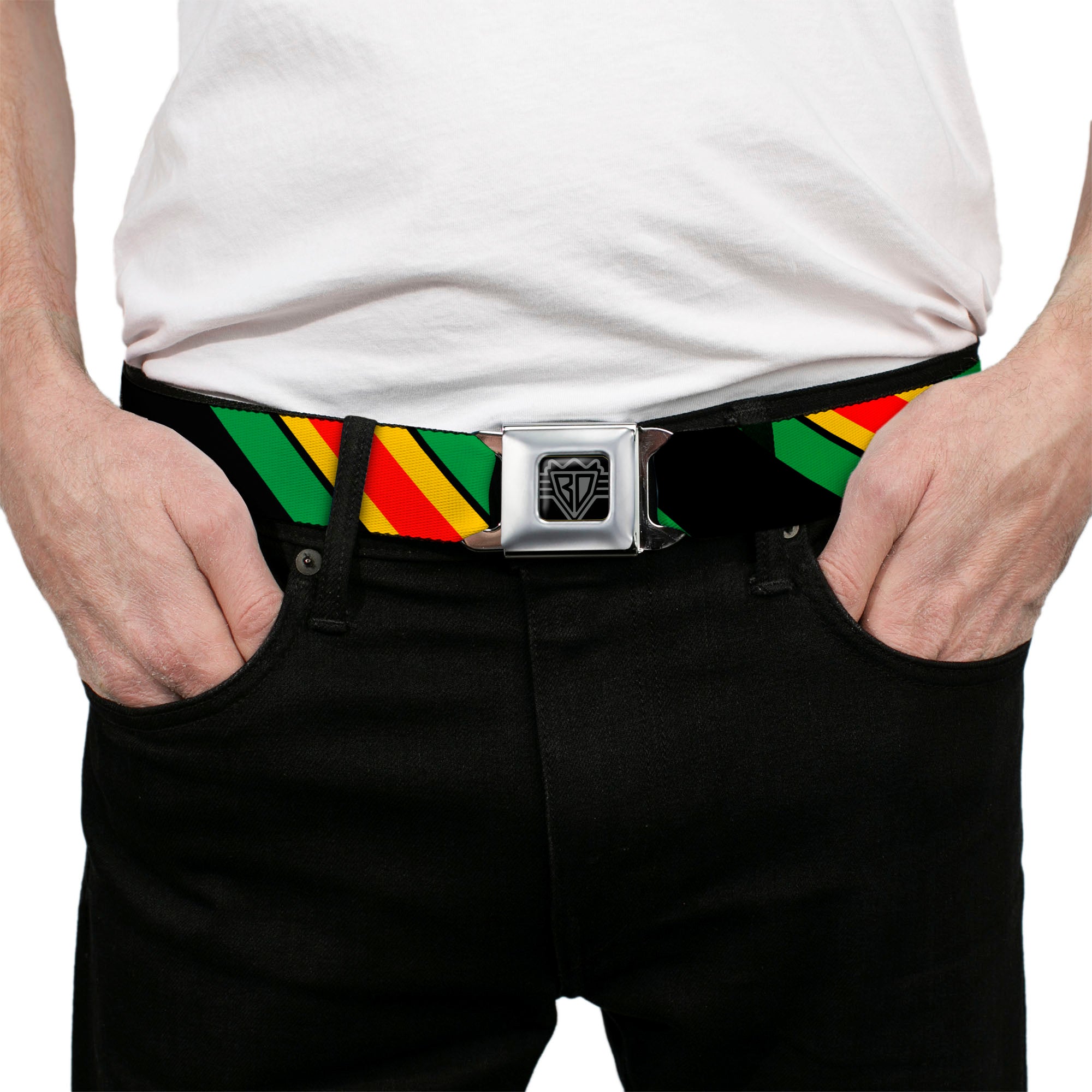 BD Wings Logo CLOSE-UP Full Color Black Silver Seatbelt Belt - Diagonal Stripes Black/Green/Yellow/Red Webbing Seatbelt Belts Buckle-Down