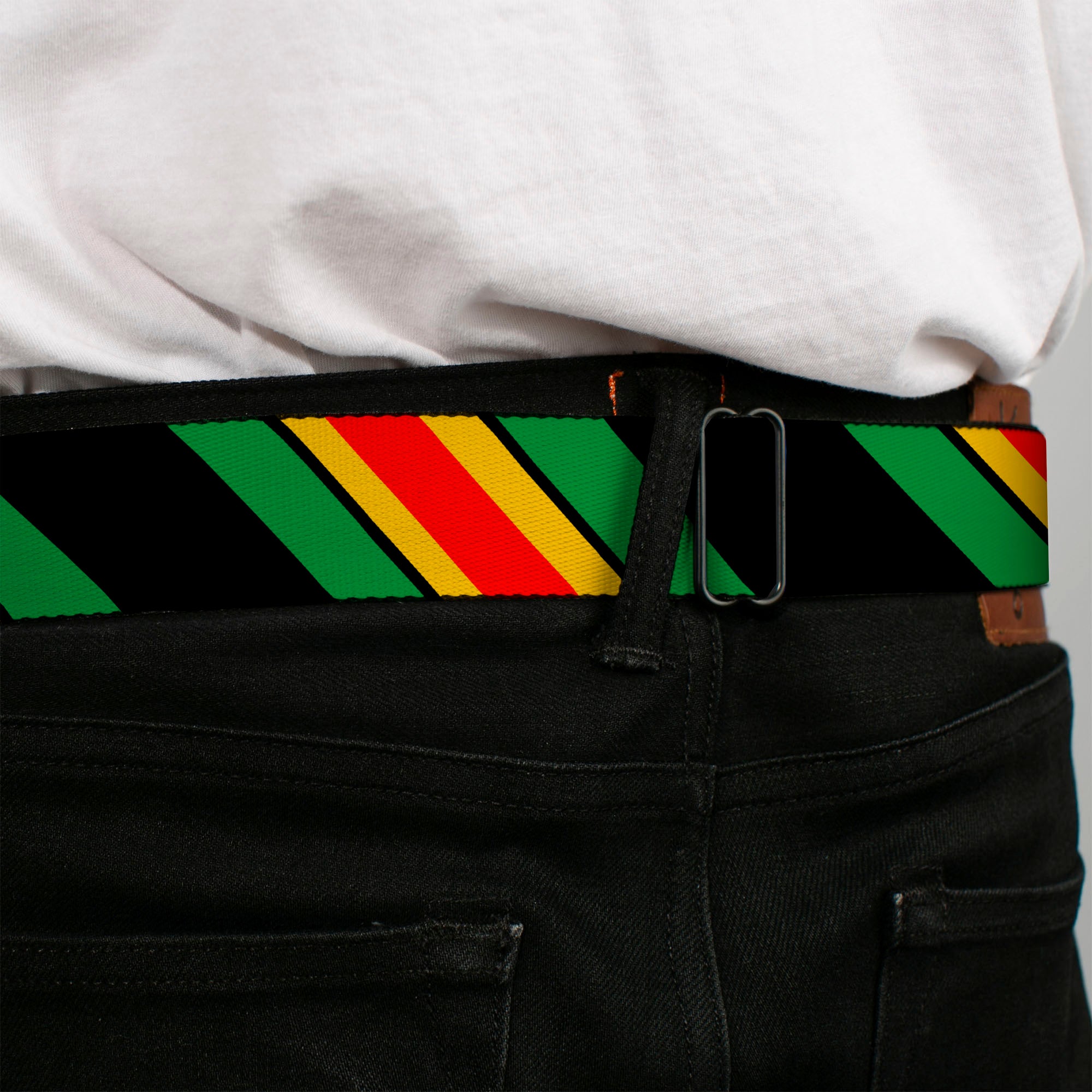 BD Wings Logo CLOSE-UP Full Color Black Silver Seatbelt Belt - Diagonal Stripes Black/Green/Yellow/Red Webbing Seatbelt Belts Buckle-Down