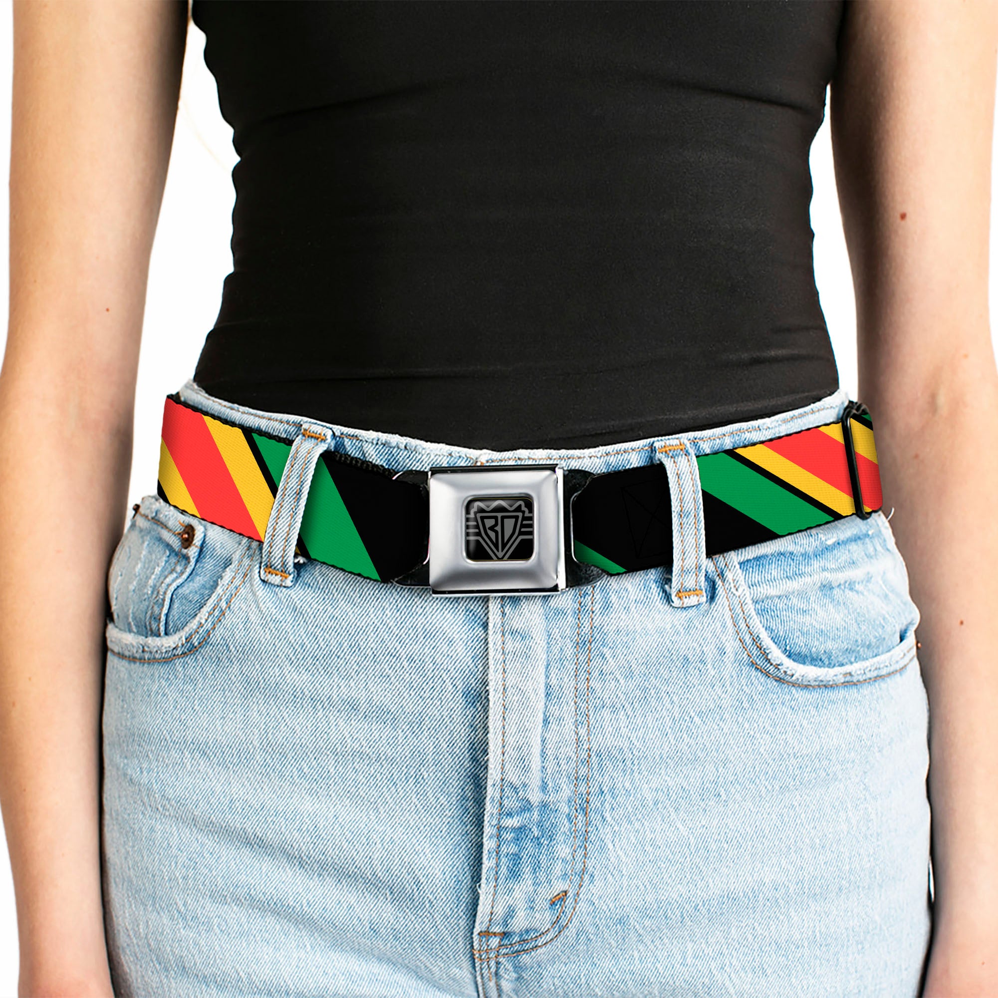 BD Wings Logo CLOSE-UP Full Color Black Silver Seatbelt Belt - Diagonal Stripes Black/Green/Yellow/Red Webbing Seatbelt Belts Buckle-Down