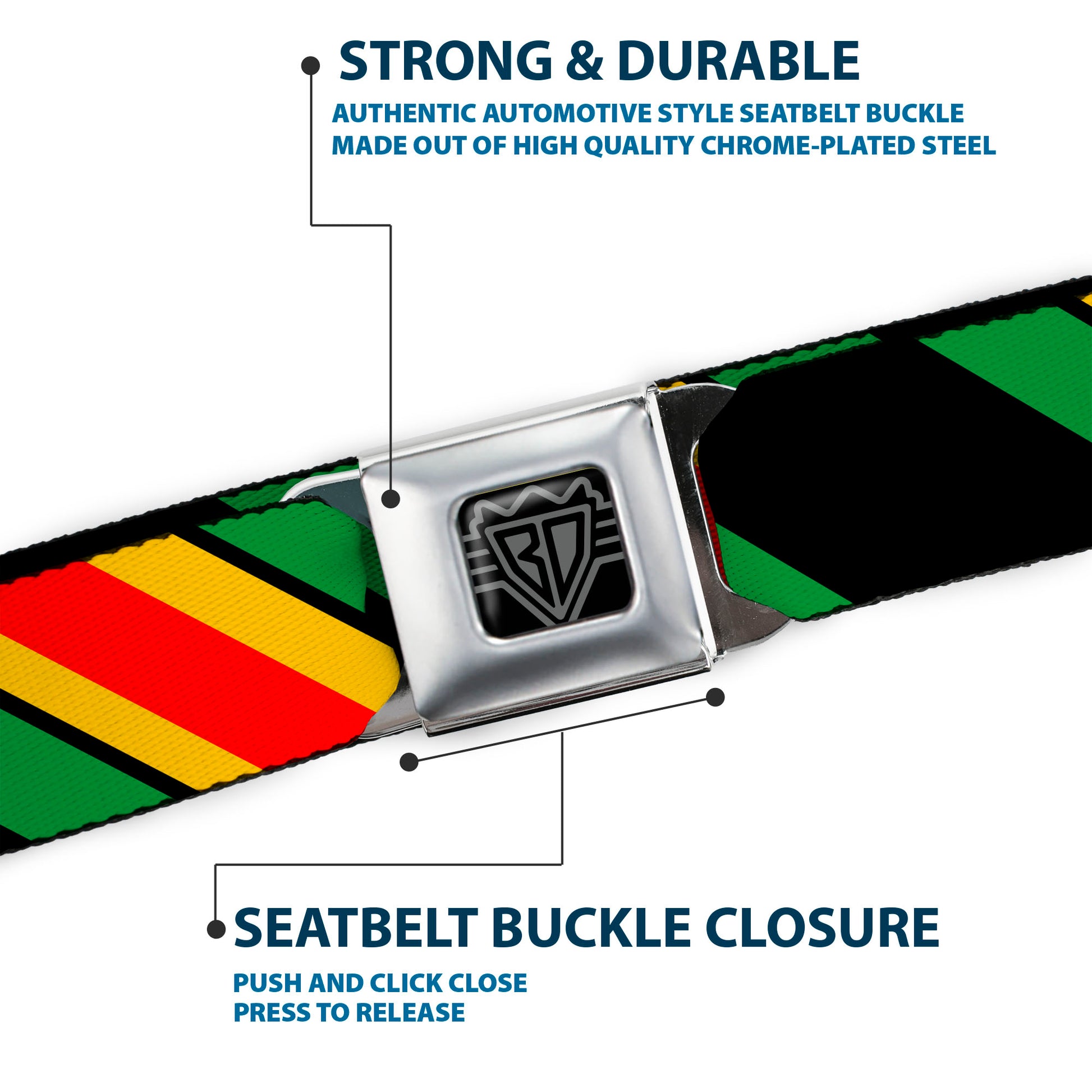 BD Wings Logo CLOSE-UP Full Color Black Silver Seatbelt Belt - Diagonal Stripes Black/Green/Yellow/Red Webbing Seatbelt Belts Buckle-Down