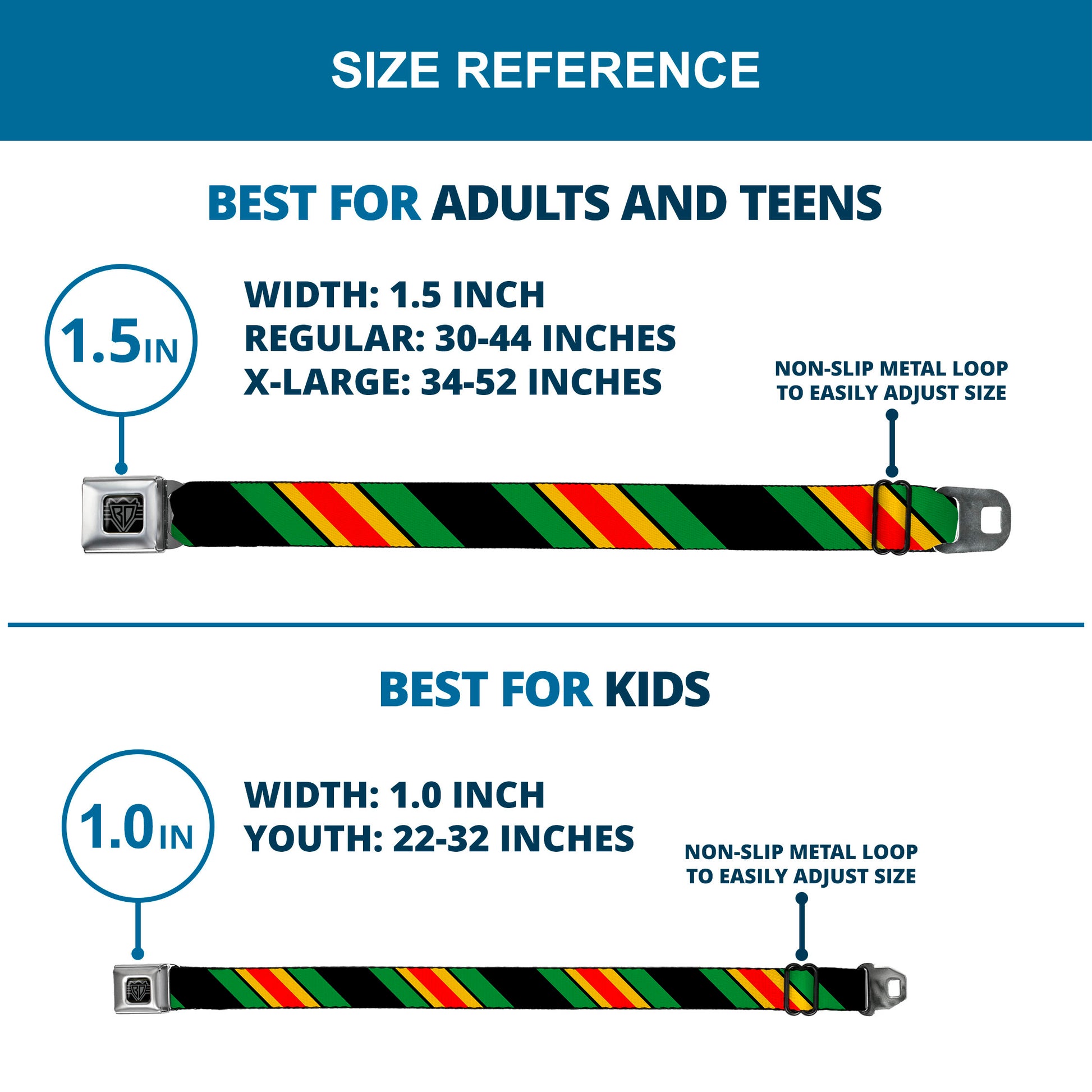 BD Wings Logo CLOSE-UP Full Color Black Silver Seatbelt Belt - Diagonal Stripes Black/Green/Yellow/Red Webbing Seatbelt Belts Buckle-Down