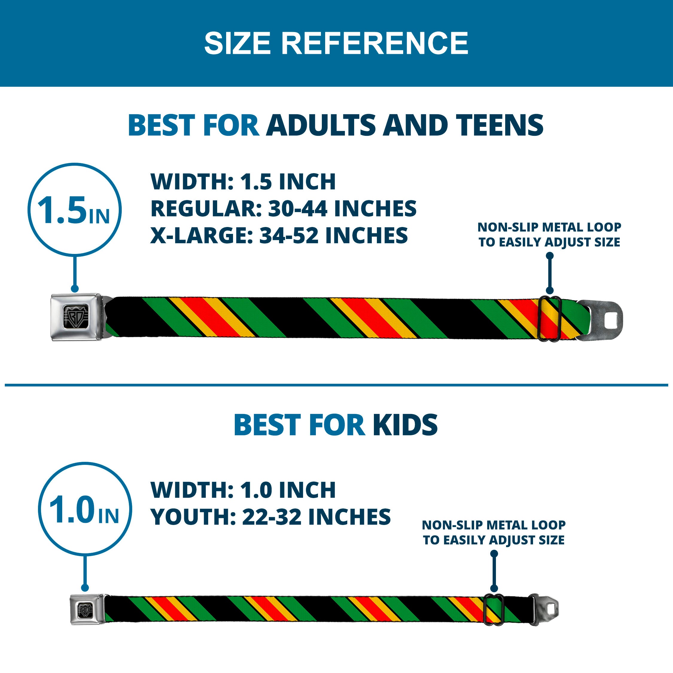 BD Wings Logo CLOSE-UP Full Color Black Silver Seatbelt Belt - Diagonal Stripes Black/Green/Yellow/Red Webbing Seatbelt Belts Buckle-Down