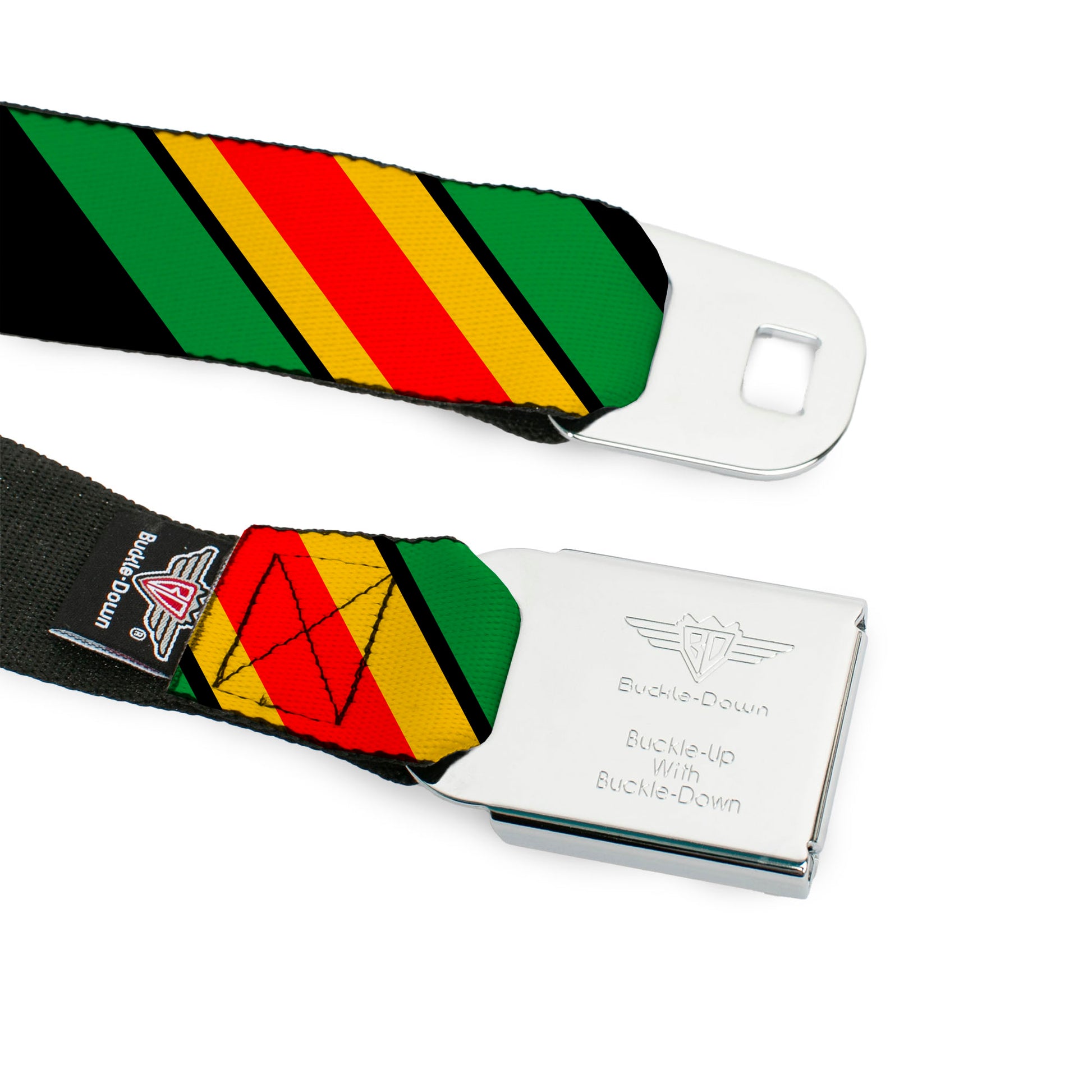 BD Wings Logo CLOSE-UP Full Color Black Silver Seatbelt Belt - Diagonal Stripes Black/Green/Yellow/Red Webbing Seatbelt Belts Buckle-Down