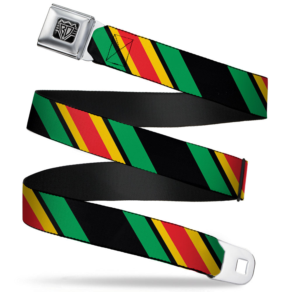 BD Wings Logo CLOSE-UP Full Color Black Silver Seatbelt Belt - Diagonal Stripes Black/Green/Yellow/Red Webbing Seatbelt Belts Buckle-Down