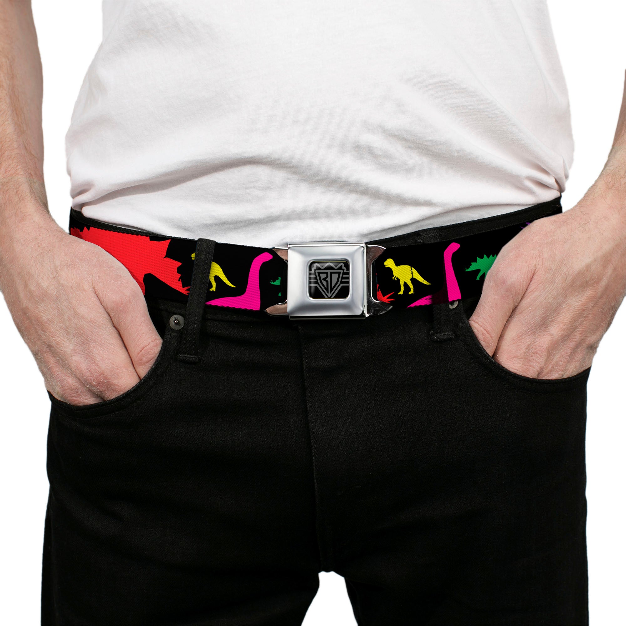 BD Wings Logo CLOSE-UP Full Color Black Silver Seatbelt Belt - Dinosaur Silhouette Black/Multi Color Webbing Seatbelt Belts Buckle-Down