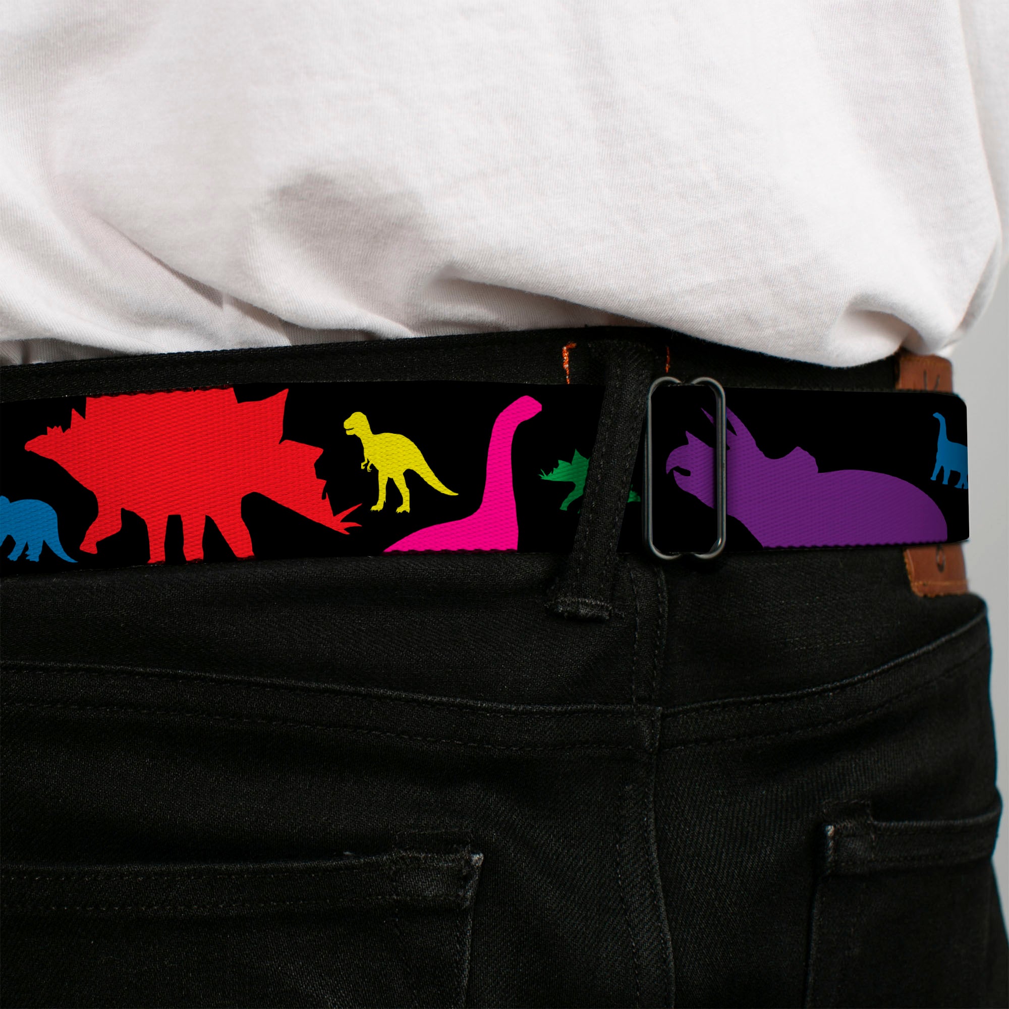 BD Wings Logo CLOSE-UP Full Color Black Silver Seatbelt Belt - Dinosaur Silhouette Black/Multi Color Webbing Seatbelt Belts Buckle-Down