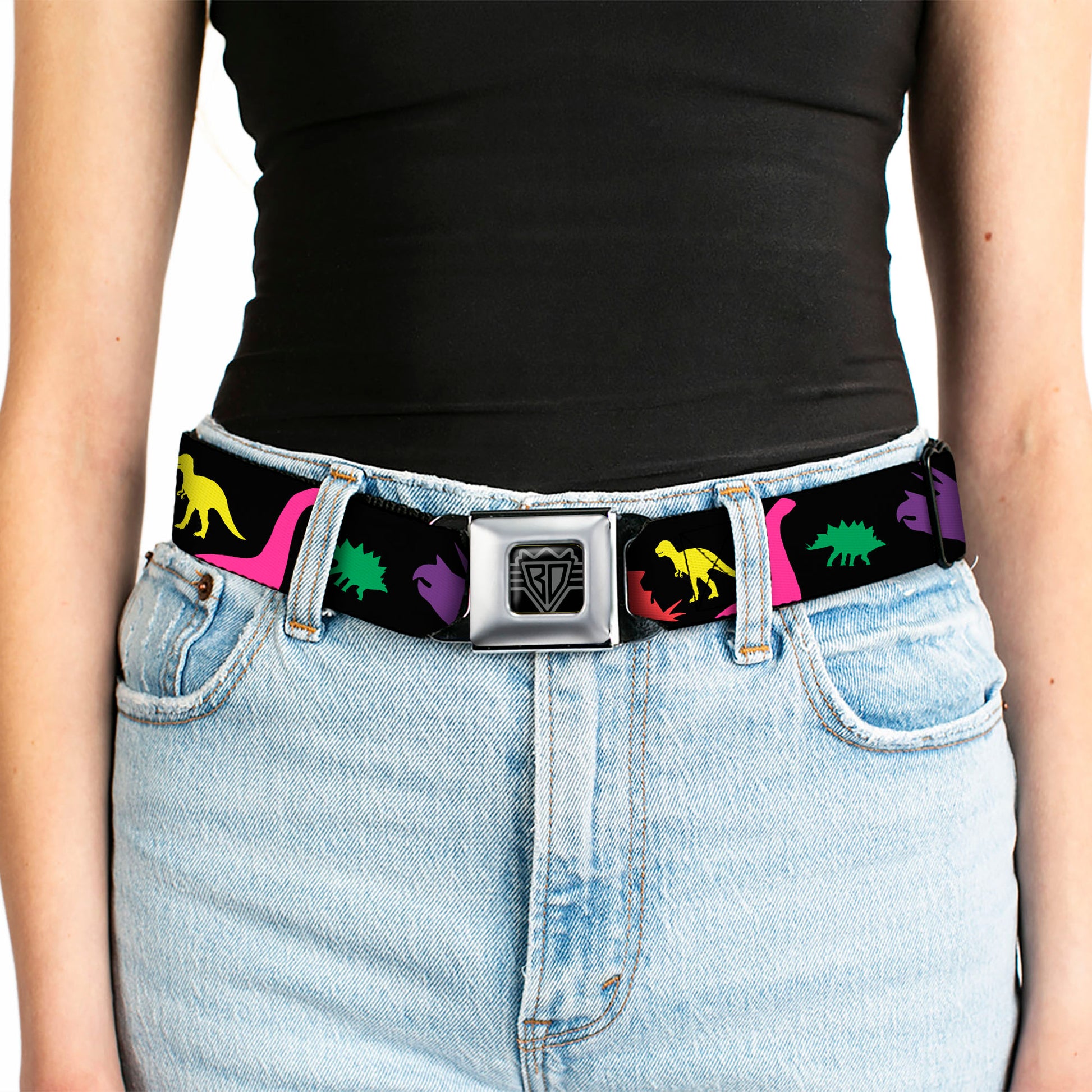 BD Wings Logo CLOSE-UP Full Color Black Silver Seatbelt Belt - Dinosaur Silhouette Black/Multi Color Webbing Seatbelt Belts Buckle-Down