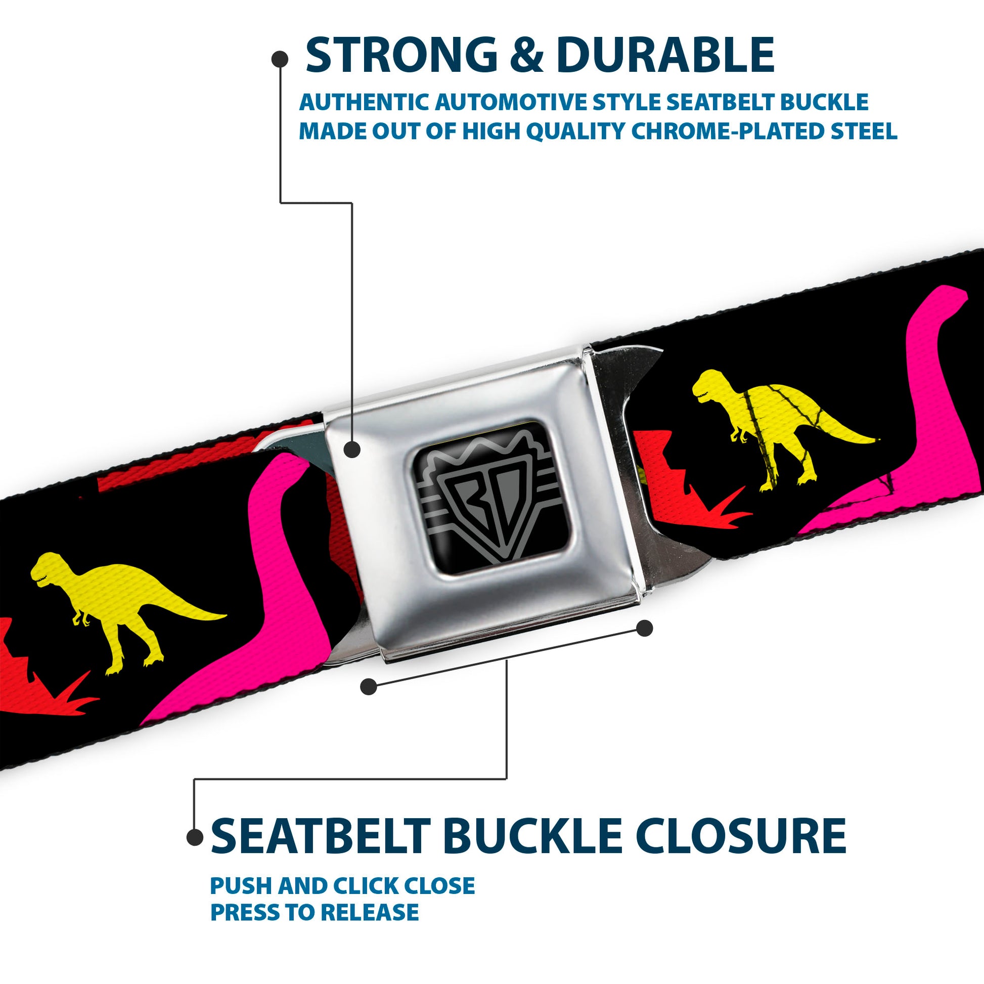 BD Wings Logo CLOSE-UP Full Color Black Silver Seatbelt Belt - Dinosaur Silhouette Black/Multi Color Webbing Seatbelt Belts Buckle-Down