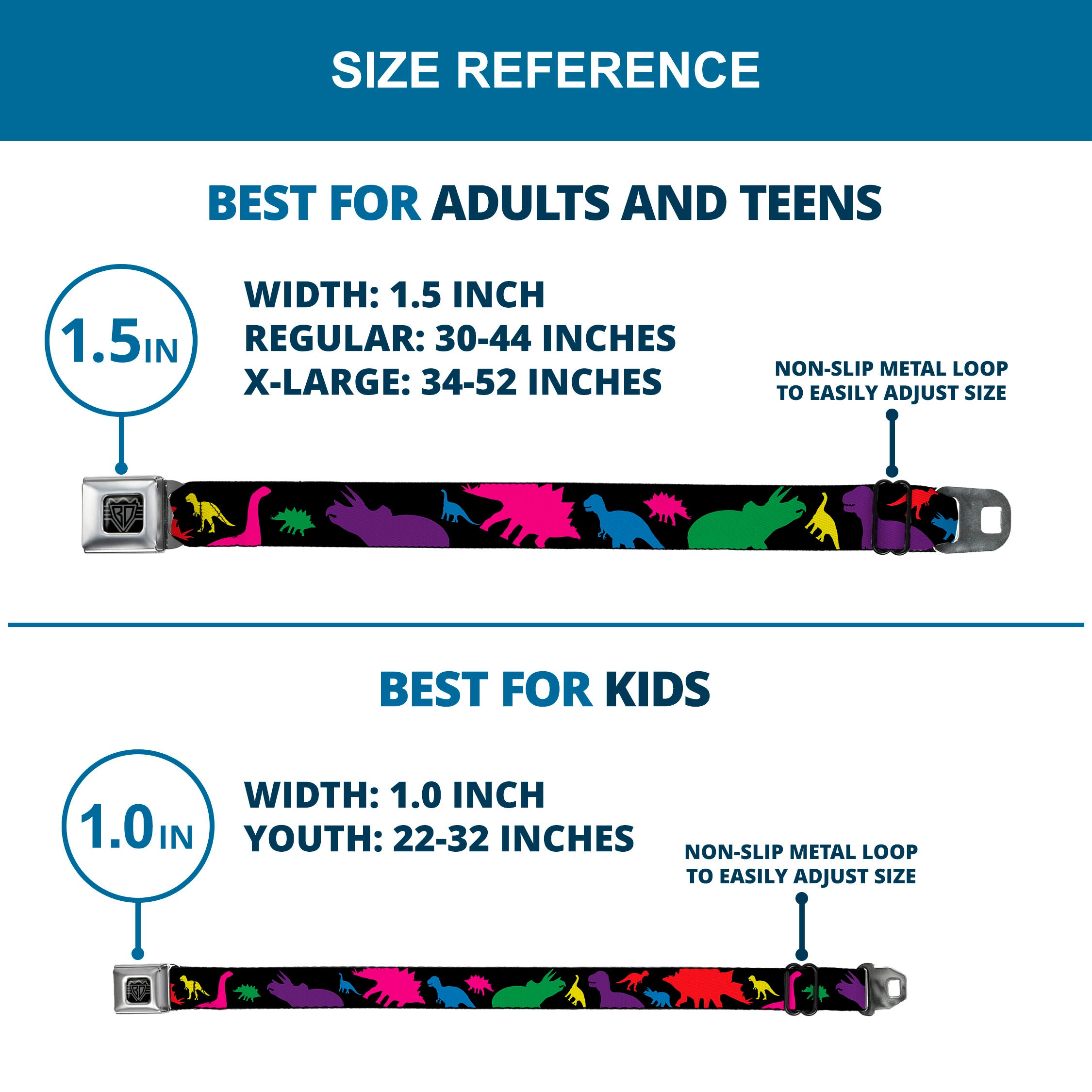 BD Wings Logo CLOSE-UP Full Color Black Silver Seatbelt Belt - Dinosaur Silhouette Black/Multi Color Webbing Seatbelt Belts Buckle-Down