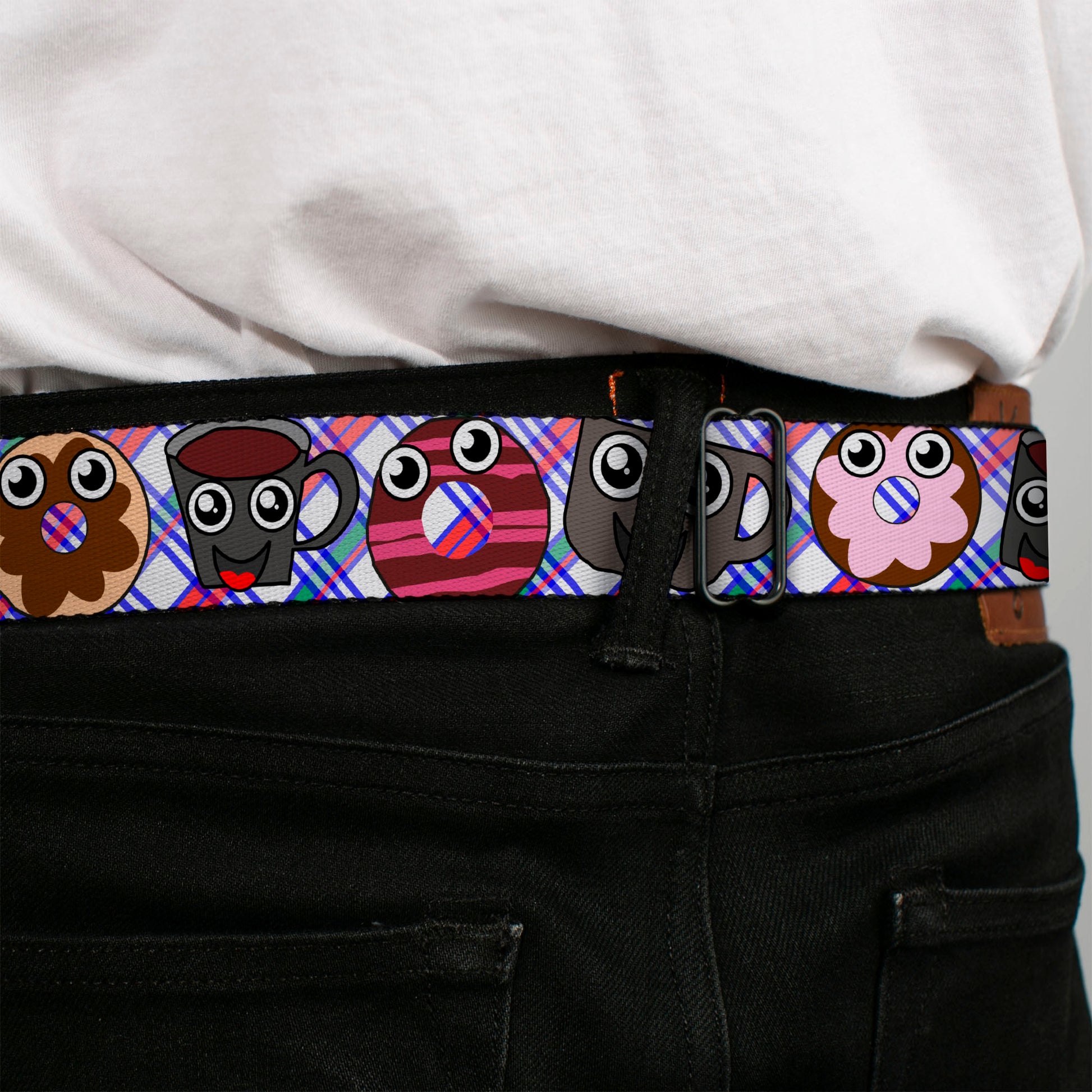 BD Wings Logo CLOSE-UP Full Color Black Silver Seatbelt Belt - Donuts & Coffee Cartoon Webbing Seatbelt Belts Buckle-Down