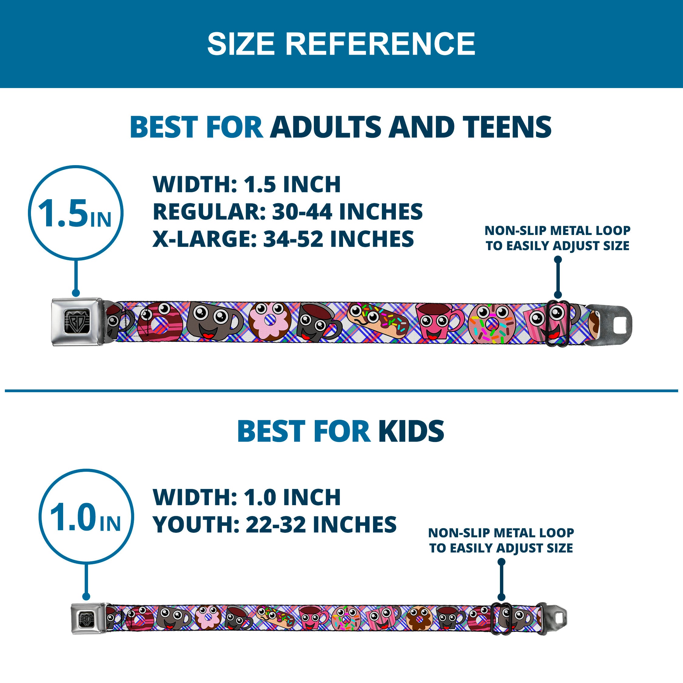 BD Wings Logo CLOSE-UP Full Color Black Silver Seatbelt Belt - Donuts & Coffee Cartoon Webbing Seatbelt Belts Buckle-Down