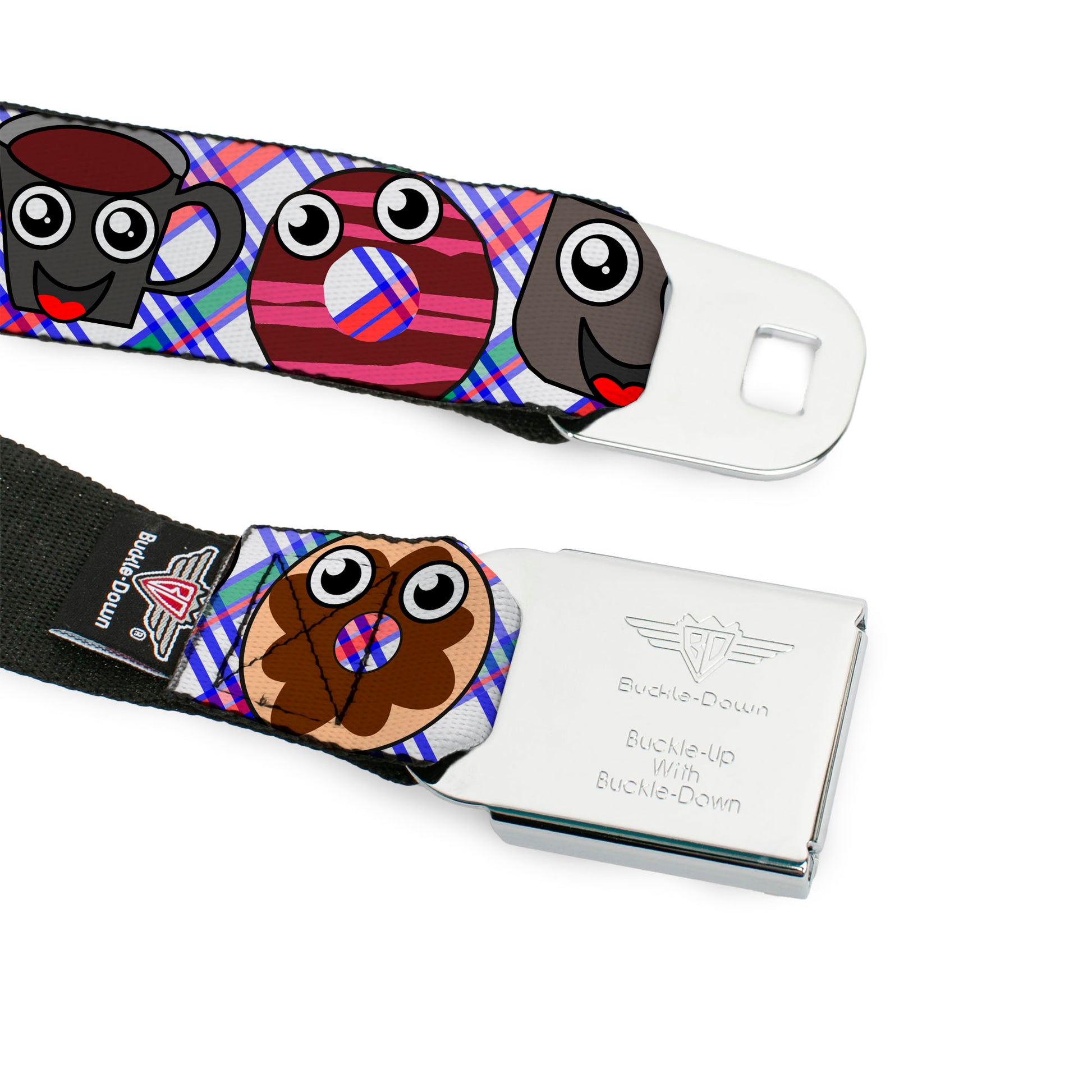 BD Wings Logo CLOSE-UP Full Color Black Silver Seatbelt Belt - Donuts & Coffee Cartoon Webbing Seatbelt Belts Buckle-Down