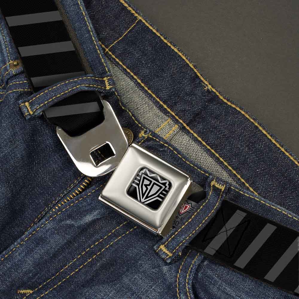 BD Wings Logo CLOSE-UP Full Color Black Silver Seatbelt Belt - Diagonal Stripes Black/Gray Webbing Seatbelt Belts Buckle-Down