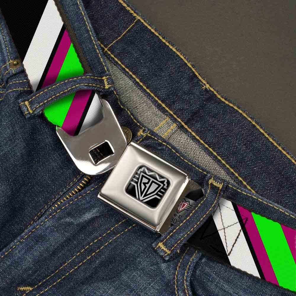 BD Wings Logo CLOSE-UP Full Color Black Silver Seatbelt Belt - Diagonal Stripes Black/White/Pink/Green Webbing Seatbelt Belts Buckle-Down