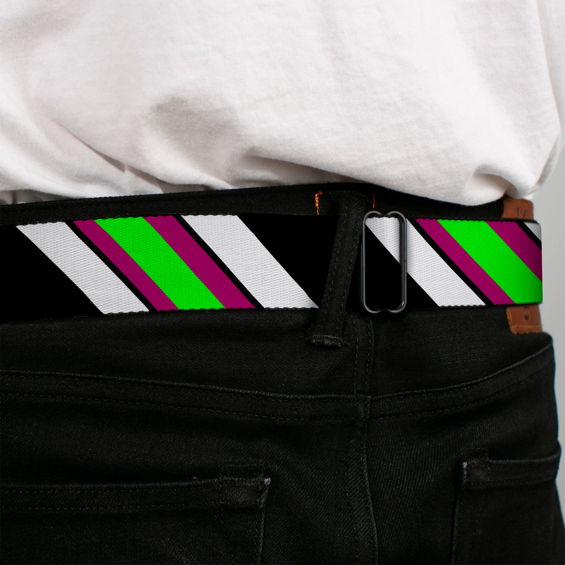 BD Wings Logo CLOSE-UP Full Color Black Silver Seatbelt Belt - Diagonal Stripes Black/White/Pink/Green Webbing Seatbelt Belts Buckle-Down