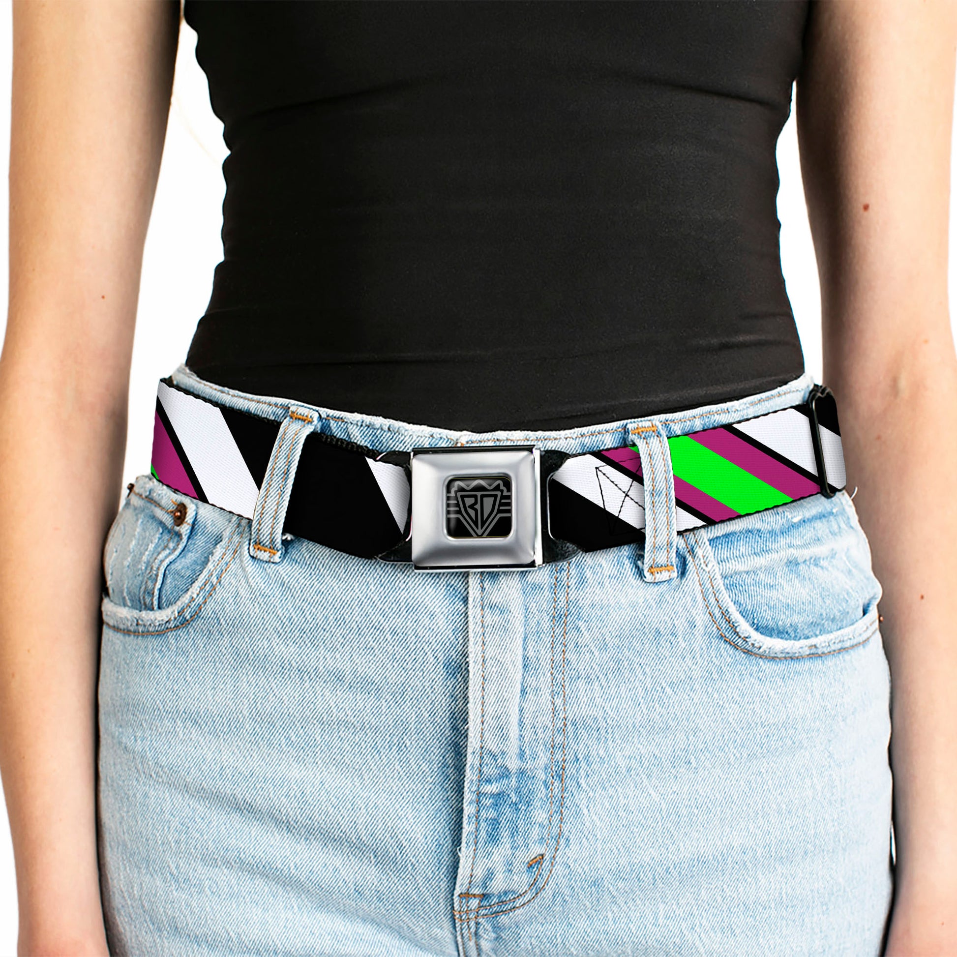 BD Wings Logo CLOSE-UP Full Color Black Silver Seatbelt Belt - Diagonal Stripes Black/White/Pink/Green Webbing Seatbelt Belts Buckle-Down
