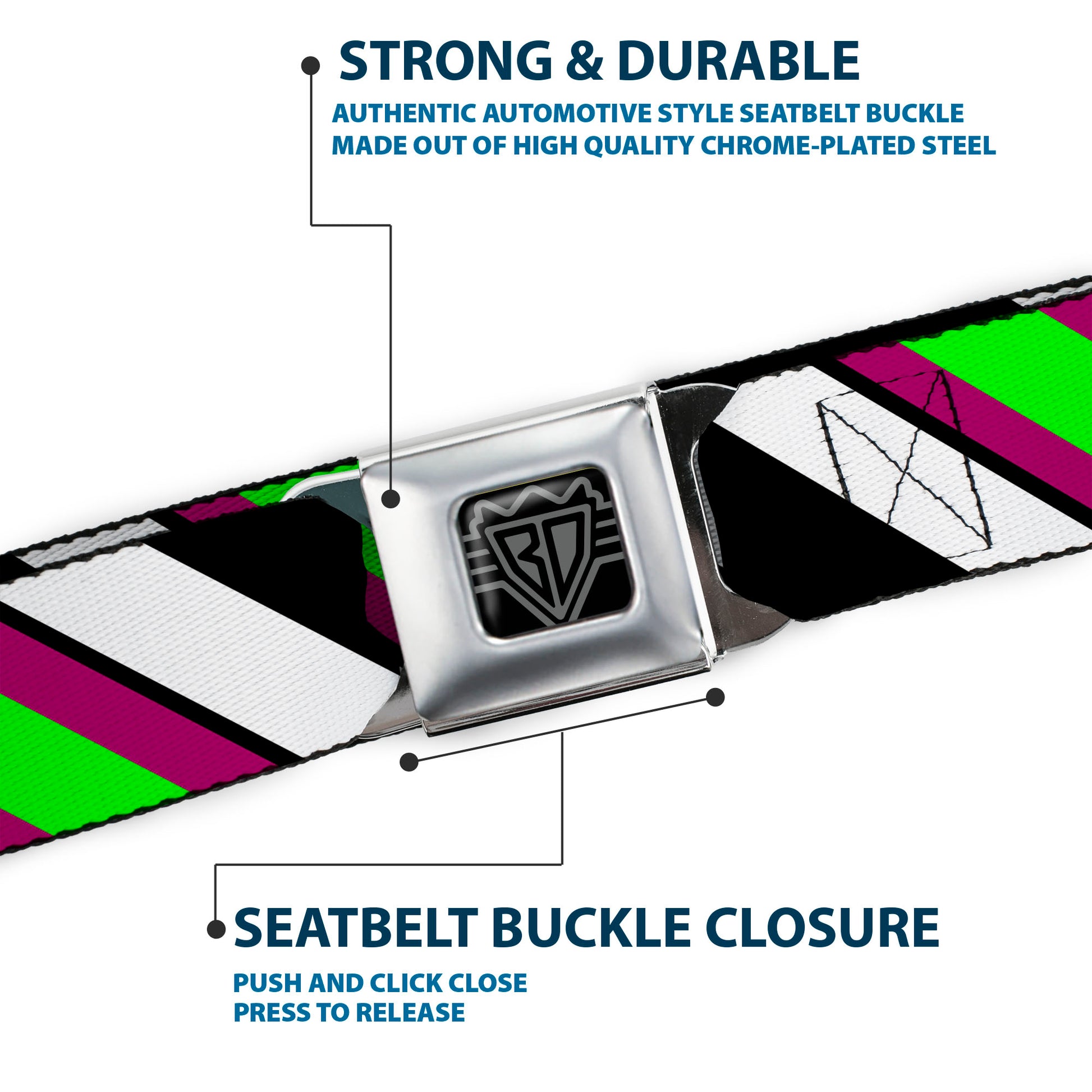 BD Wings Logo CLOSE-UP Full Color Black Silver Seatbelt Belt - Diagonal Stripes Black/White/Pink/Green Webbing Seatbelt Belts Buckle-Down