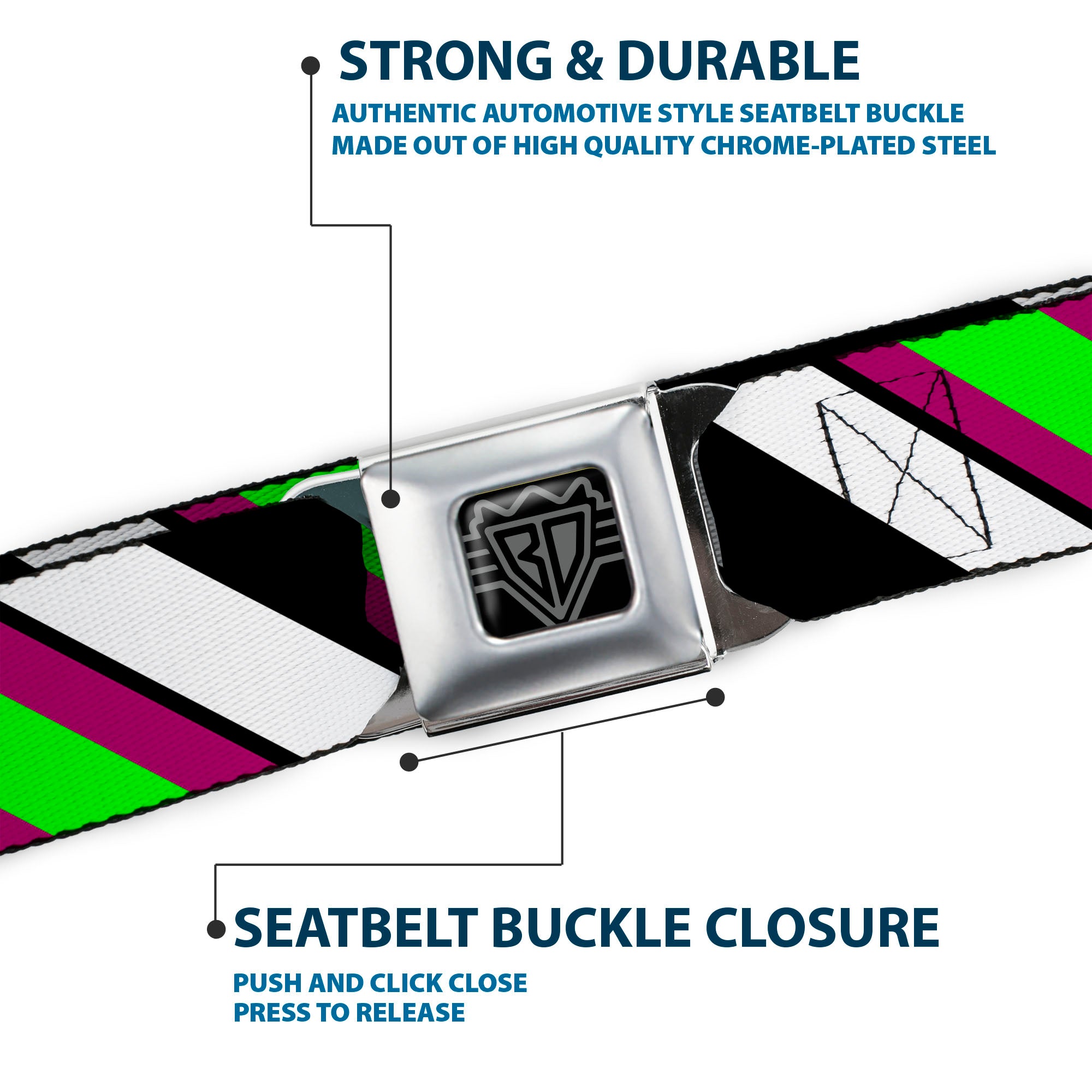 BD Wings Logo CLOSE-UP Full Color Black Silver Seatbelt Belt - Diagonal Stripes Black/White/Pink/Green Webbing Seatbelt Belts Buckle-Down