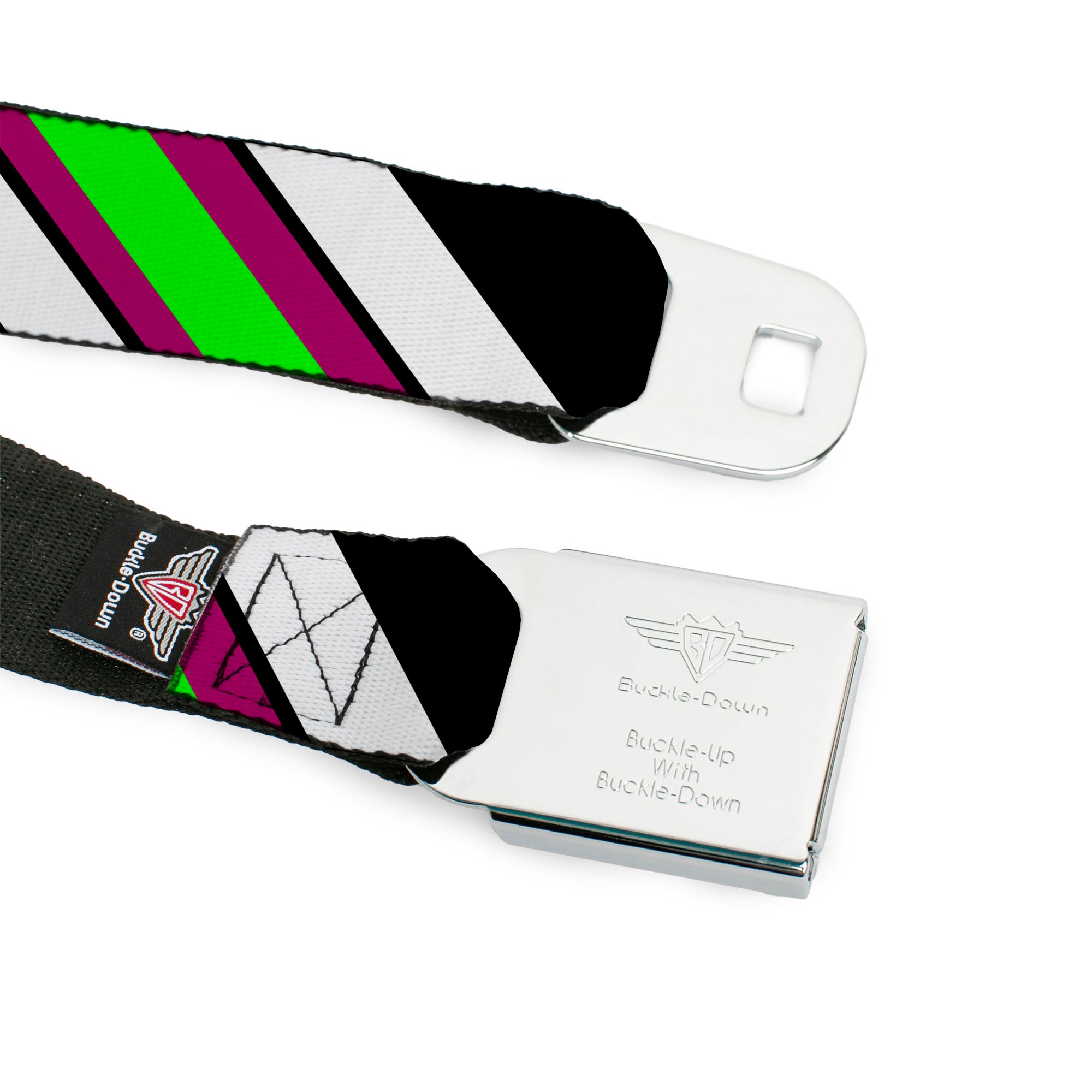BD Wings Logo CLOSE-UP Full Color Black Silver Seatbelt Belt - Diagonal Stripes Black/White/Pink/Green Webbing Seatbelt Belts Buckle-Down