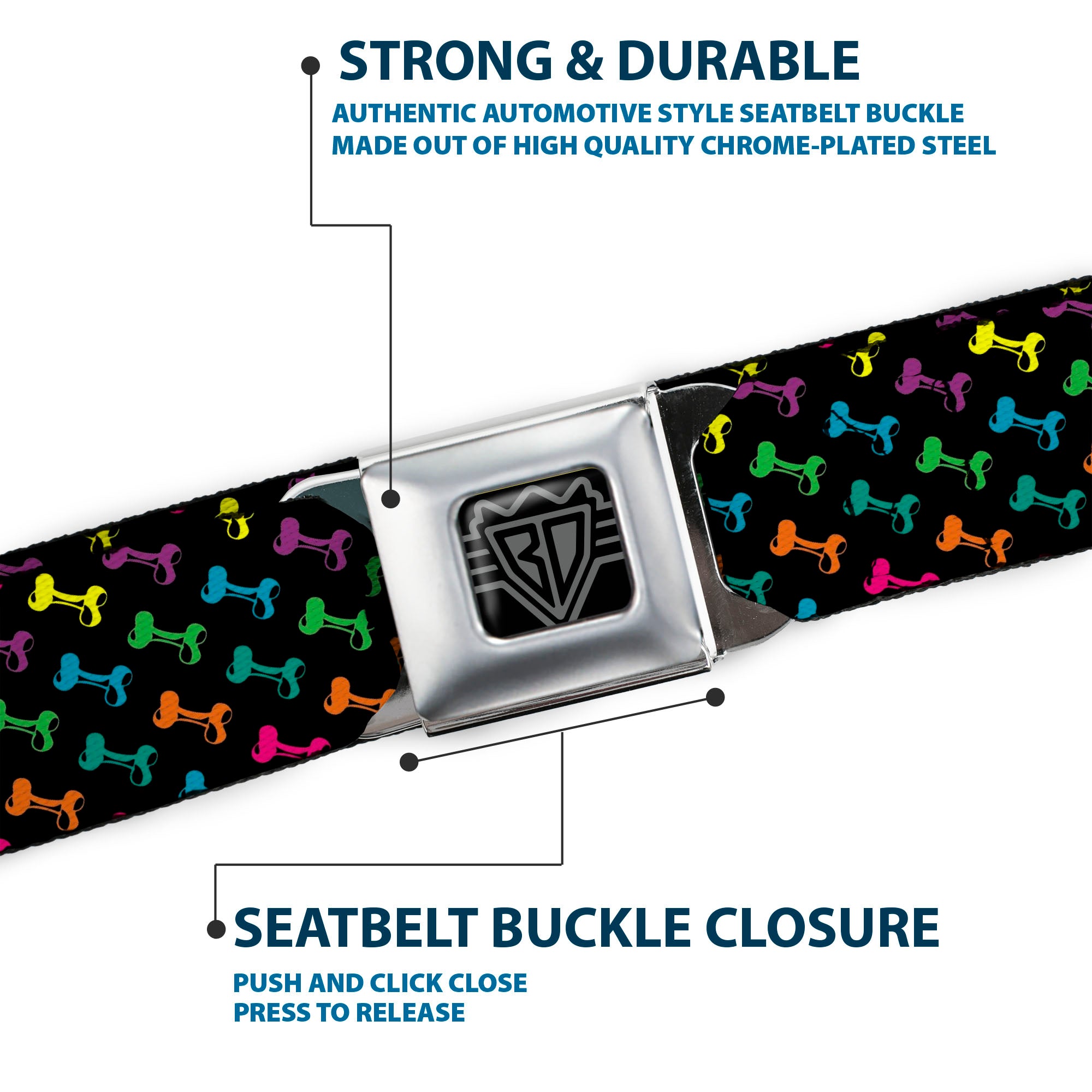 BD Wings Logo CLOSE-UP Full Color Black Silver Seatbelt Belt - Dog Bone Black/Multi Color Webbing Seatbelt Belts Buckle-Down