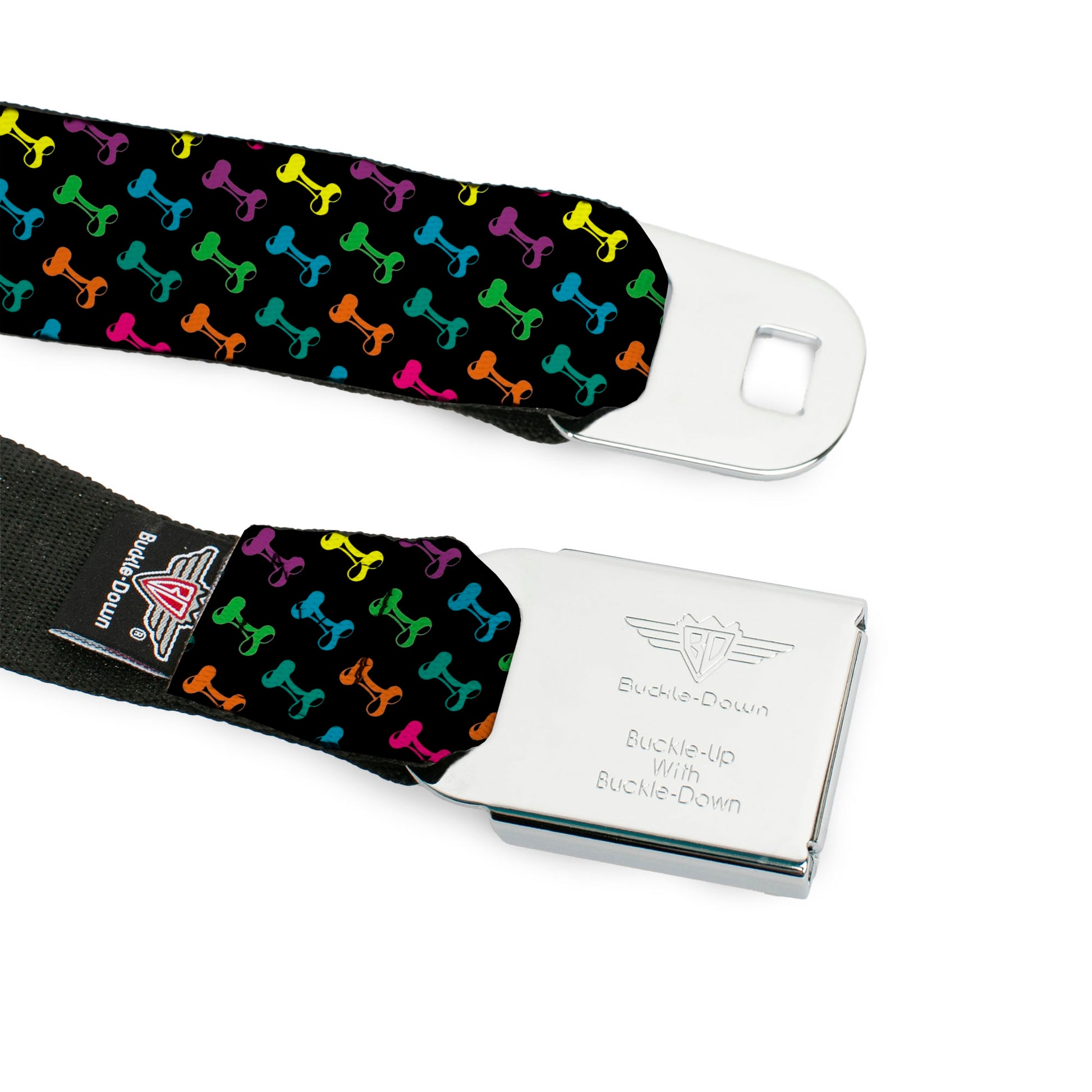 BD Wings Logo CLOSE-UP Full Color Black Silver Seatbelt Belt - Dog Bone Black/Multi Color Webbing Seatbelt Belts Buckle-Down