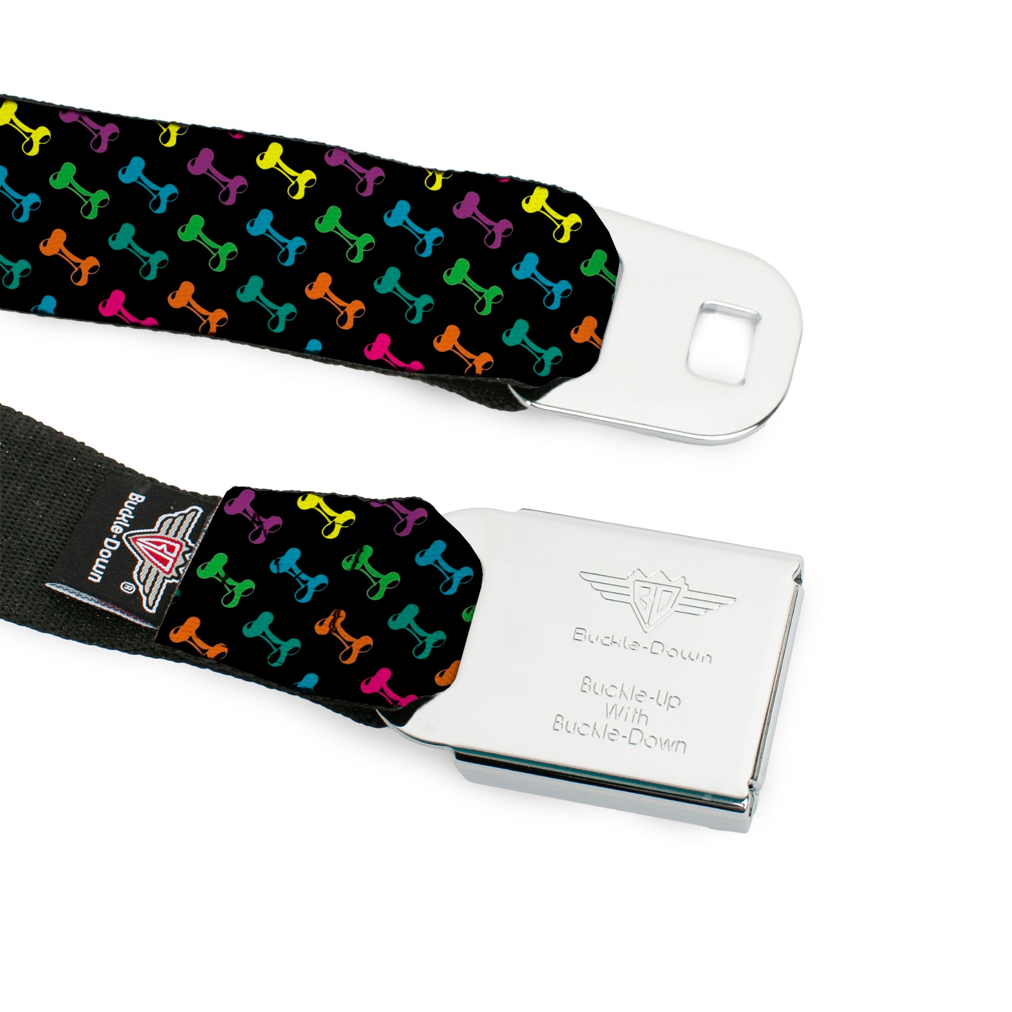 BD Wings Logo CLOSE-UP Full Color Black Silver Seatbelt Belt - Dog Bone Black/Multi Color Webbing Seatbelt Belts Buckle-Down