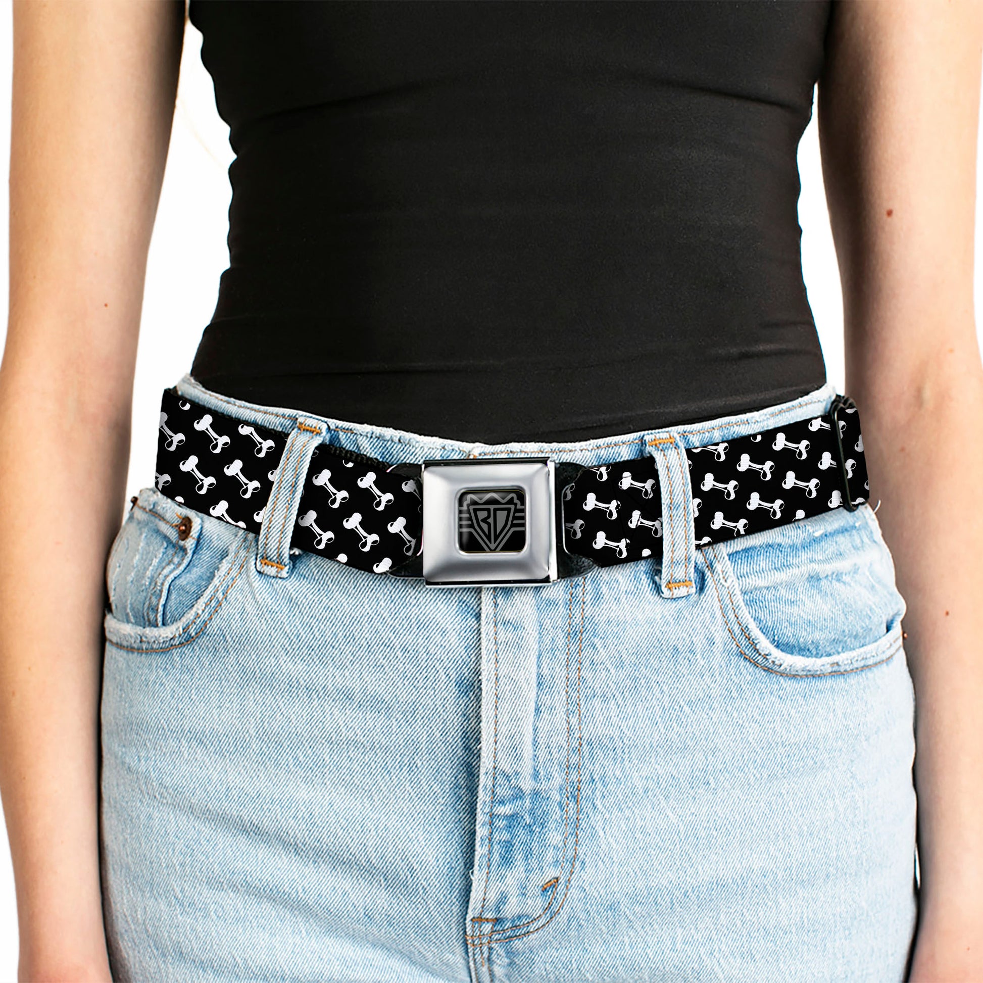 BD Wings Logo CLOSE-UP Full Color Black Silver Seatbelt Belt - Dog Bone Black/White Webbing Seatbelt Belts Buckle-Down